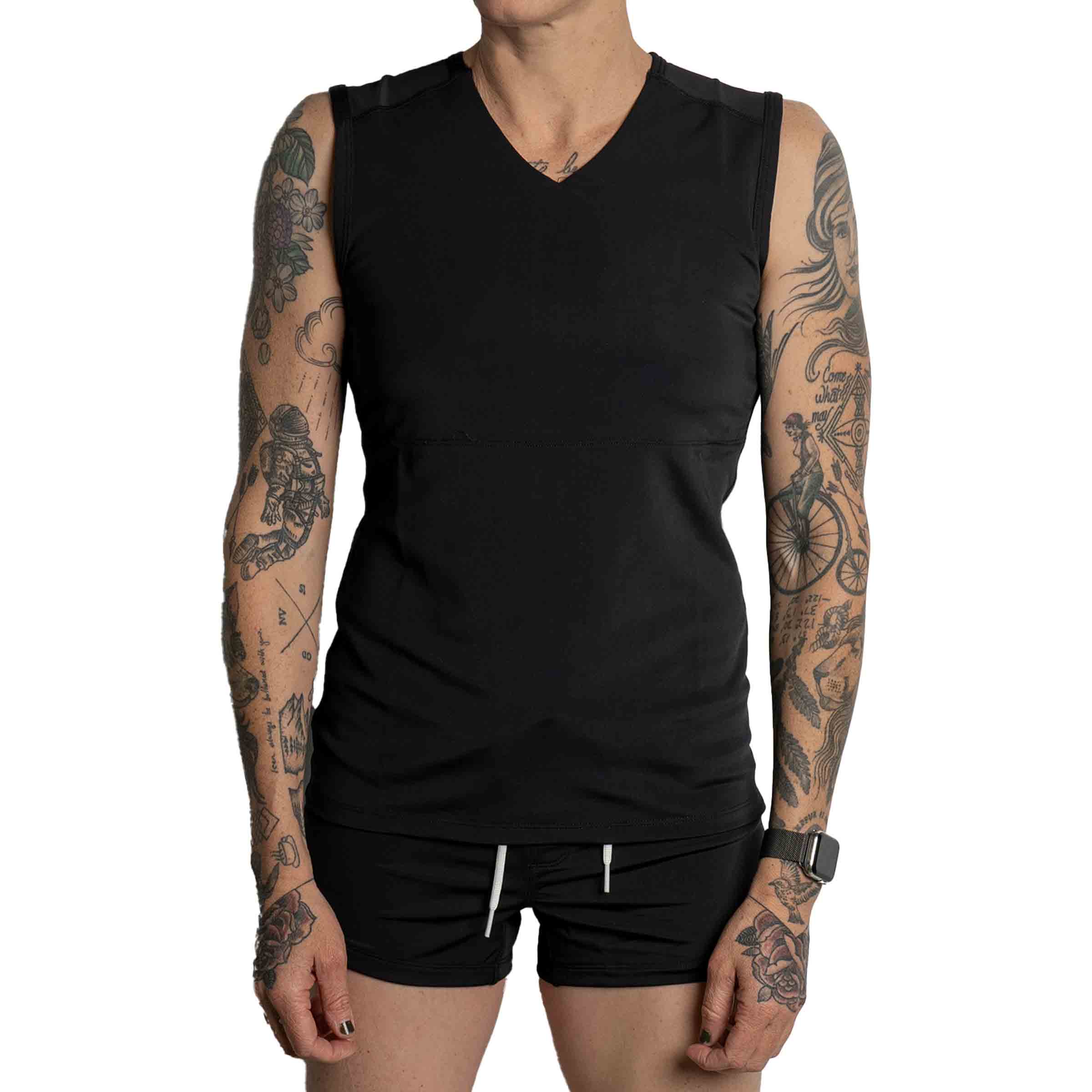 AF Black Swim Shorts paired with Black Swim Tank — gender neutral queer swimwear mix and match