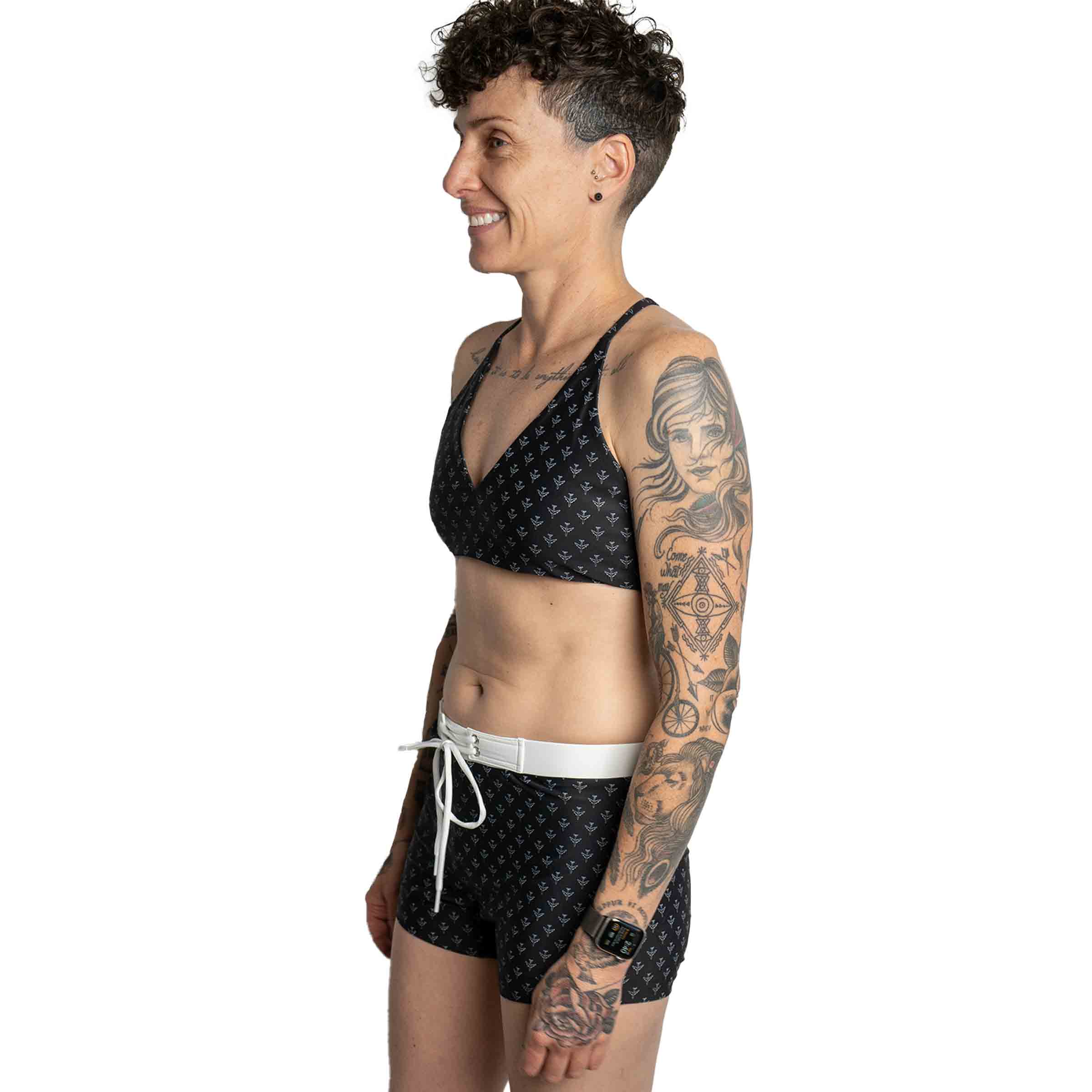Earhart Swim Topper styled with Earhart Swim Shorts — gender neutral queer swimwear mix and match