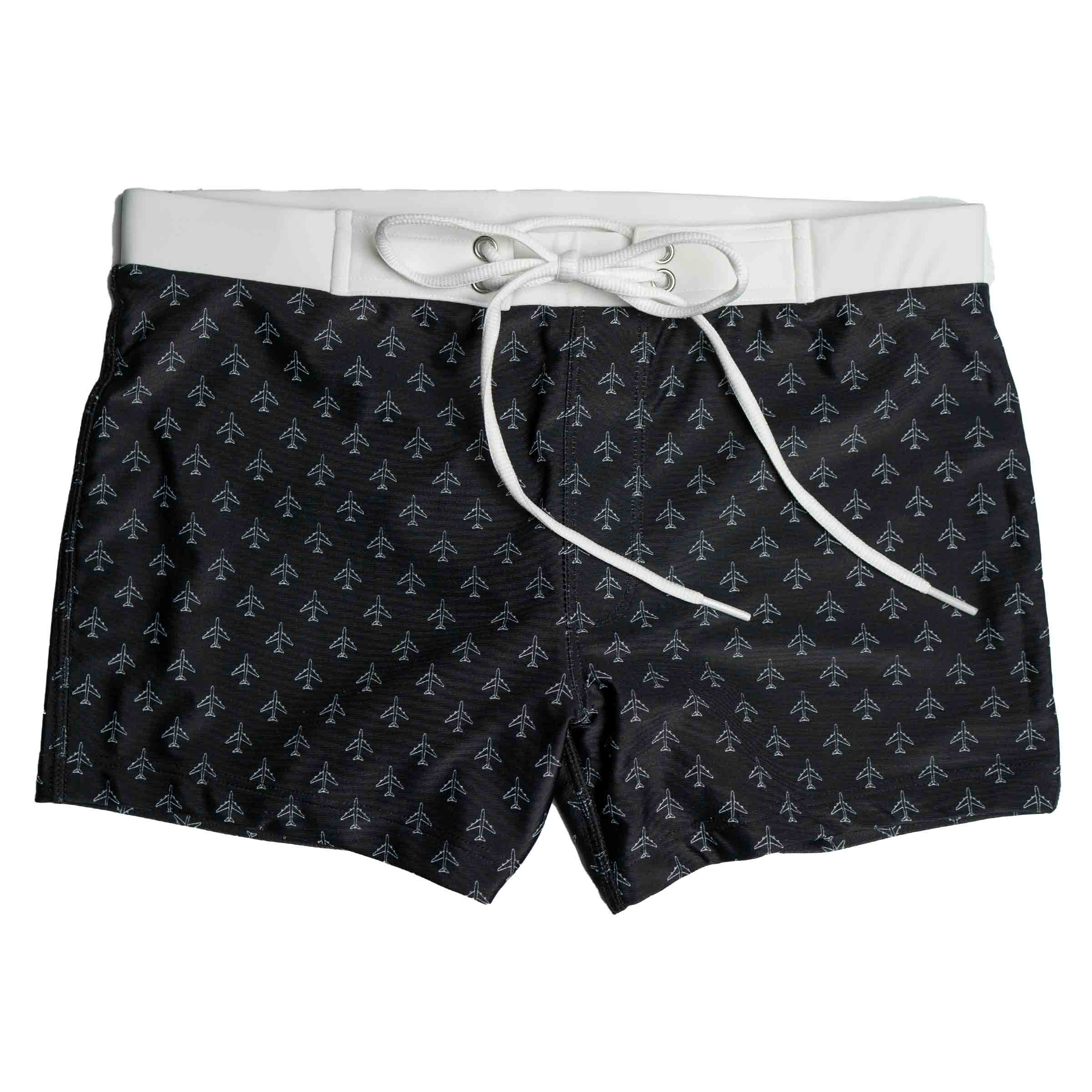 Earhart Swim Shorts with airplane print — gender neutral queer patterned swimwear