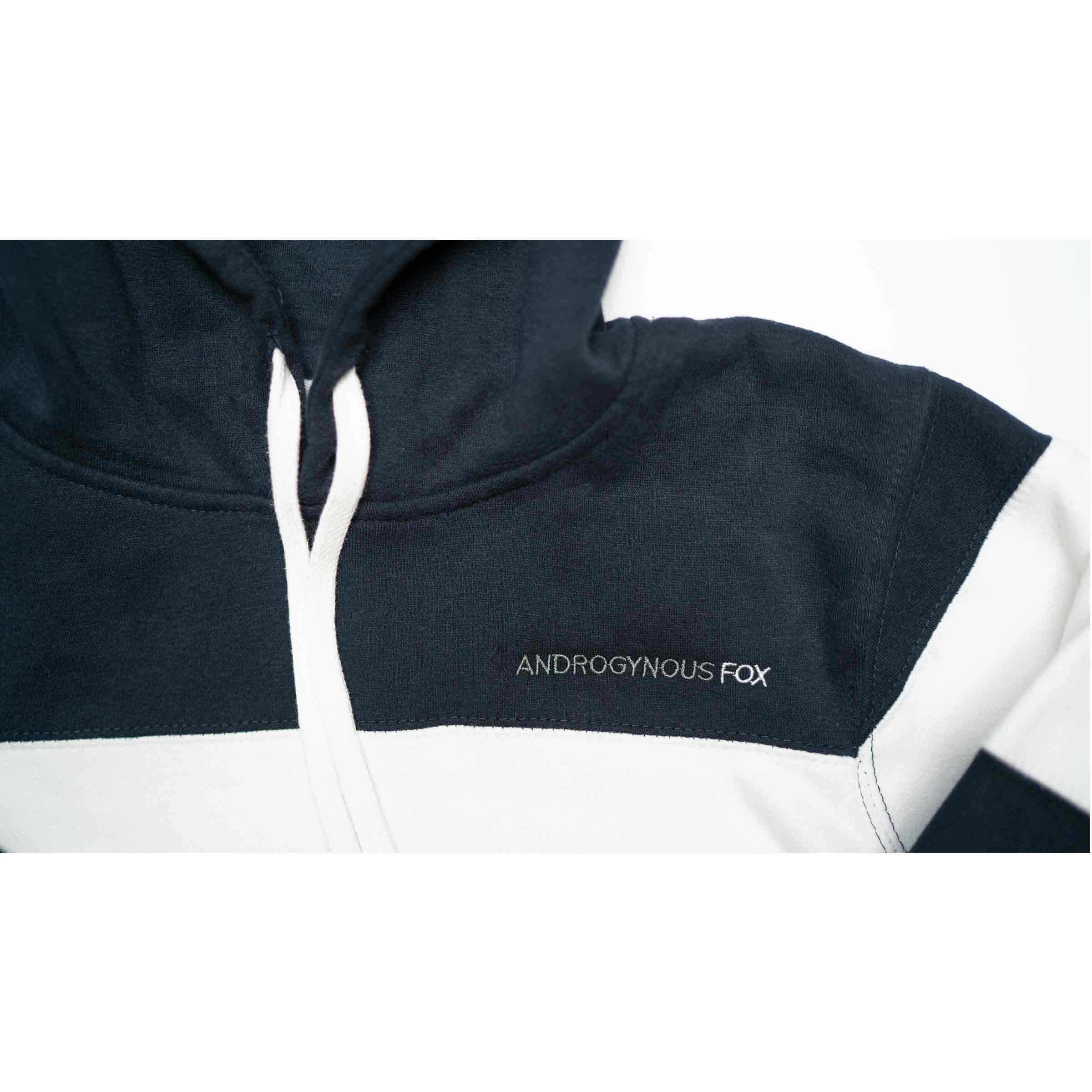 Androgynous Fox sueded fleece varsity hoodie detail in Navy and White — androgynous gender neutral clothing