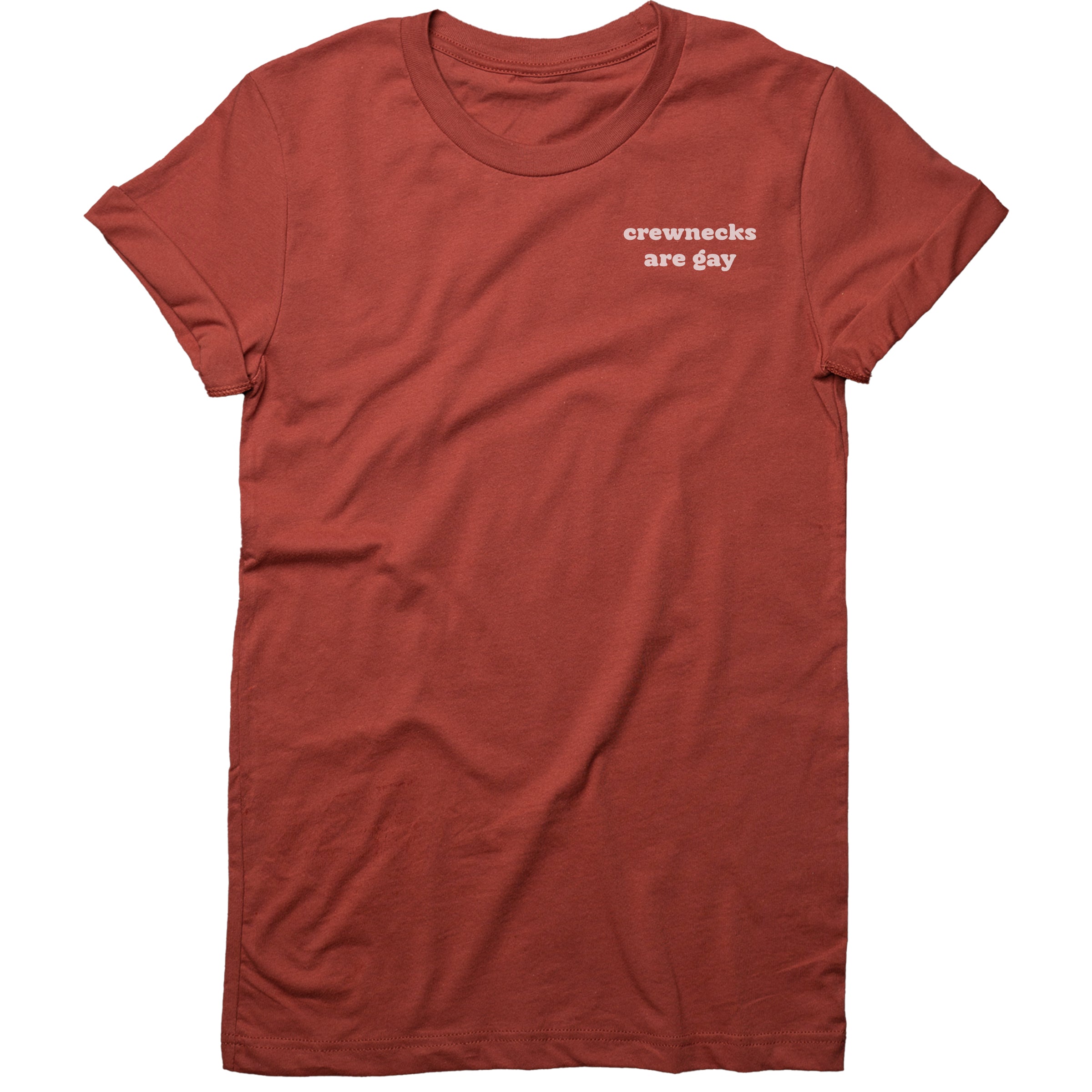 Crewnecks Are Gay graphic tee in Rust — gender neutral LGBTQ+ queer tee