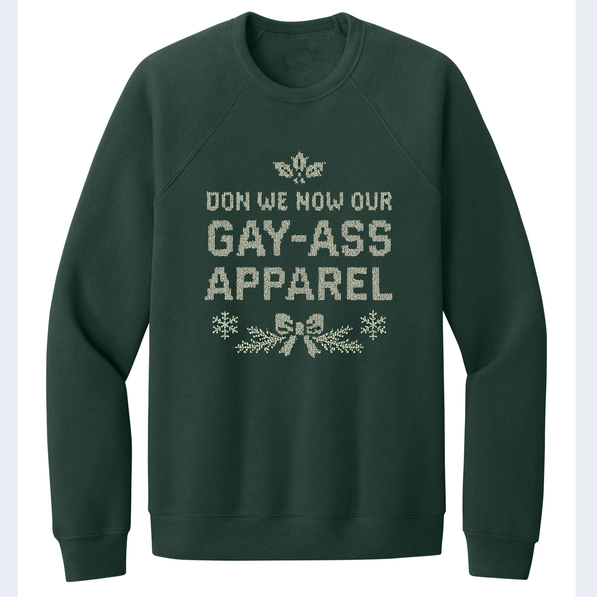 Gay-Ass Apparel holiday fleece sweatshirt graphic detail — gender neutral queer Christmas clothing