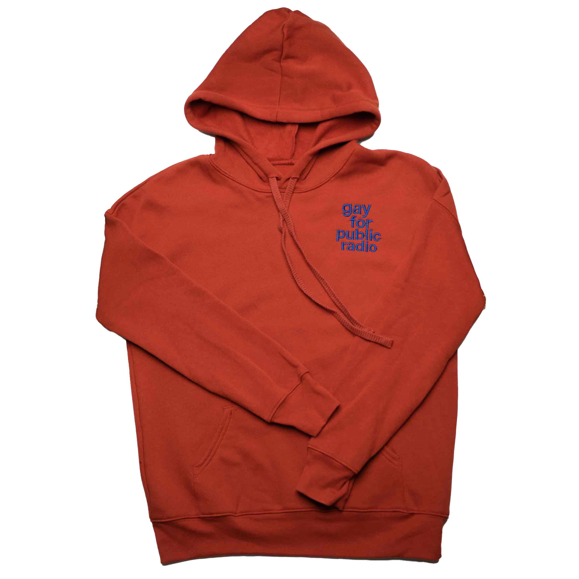 Gay For Public Radio embroidered pullover hoodie in Rust — LGBTQ+ gender neutral fleece hoodie