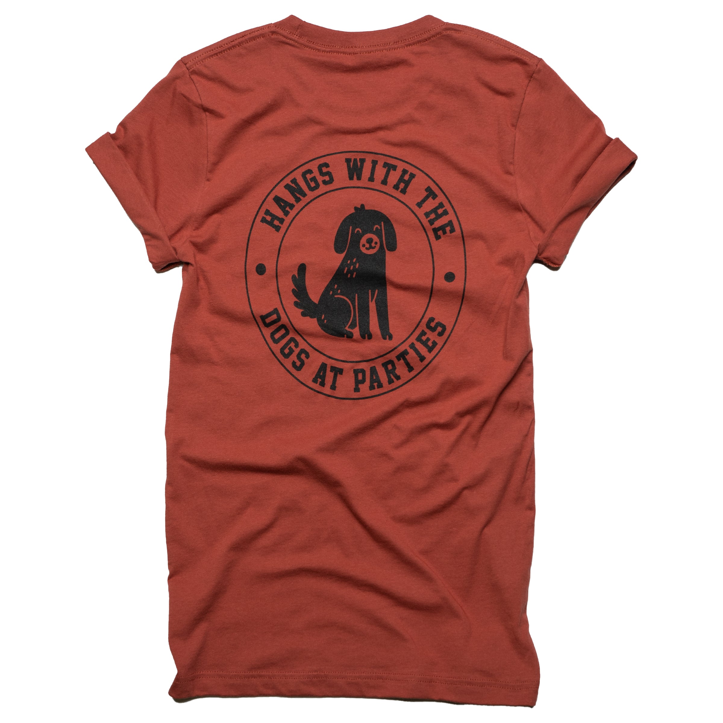 Hangs With The Dogs At Parties crew neck in Rust back design — gender neutral queer graphic tee