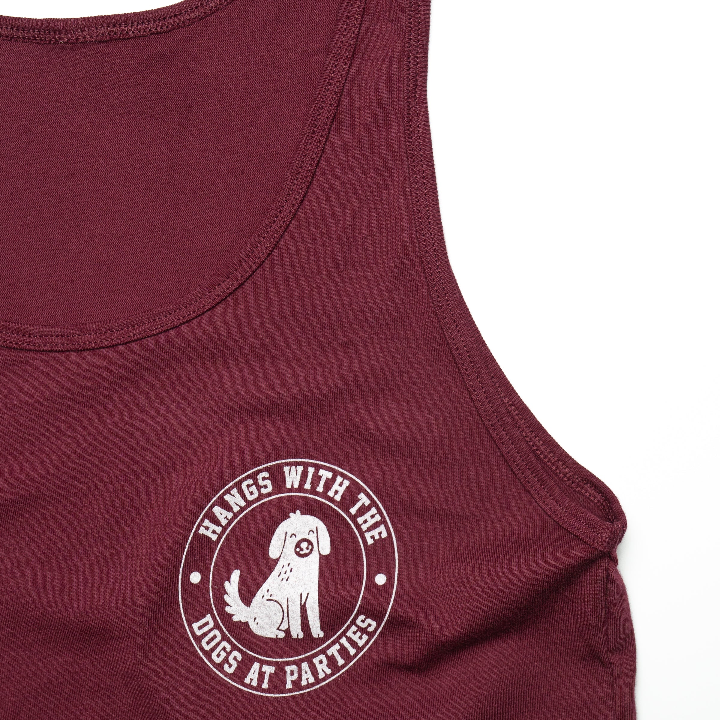 Hangs With The Dogs At Parties tank top in Deep Red — gender neutral queer clothing