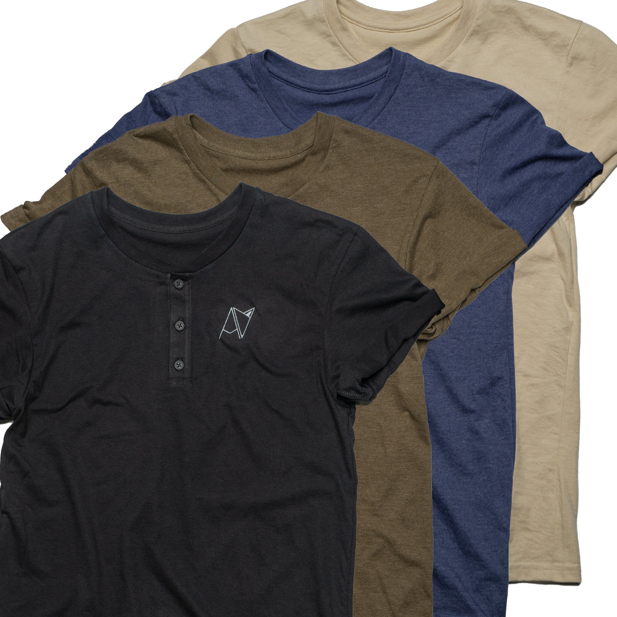 Androgynous Fox Henley in all colorways — Black, Navy Heather, Olive Heather, Tan gender neutral shirt