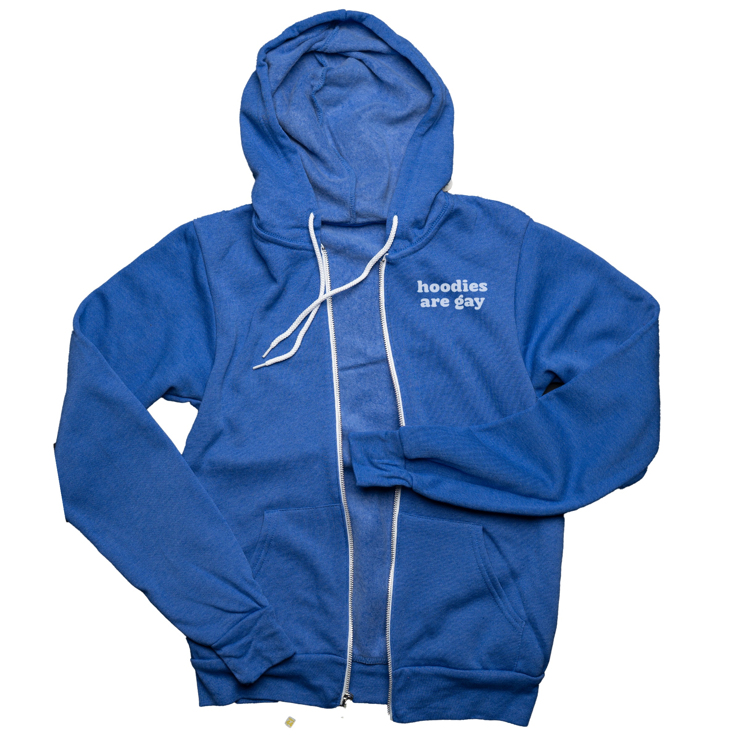 Hoodies Are Gay zip-up hoodie in Royal Blue Heather — LGBTQ+ gender neutral queer hoodie