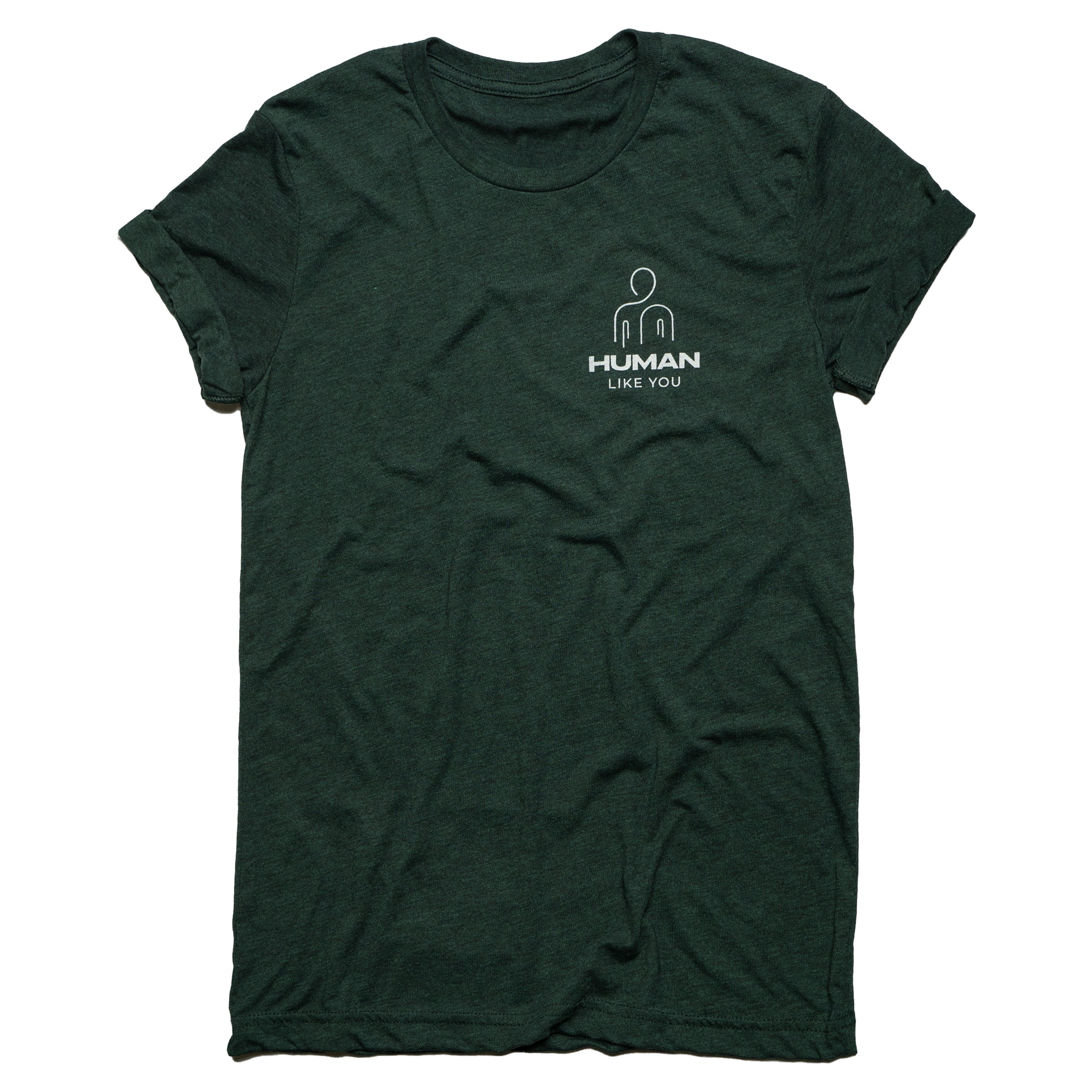 Human Like You V2 crew neck tee in Forest Green detail — non-binary androgynous queer clothing