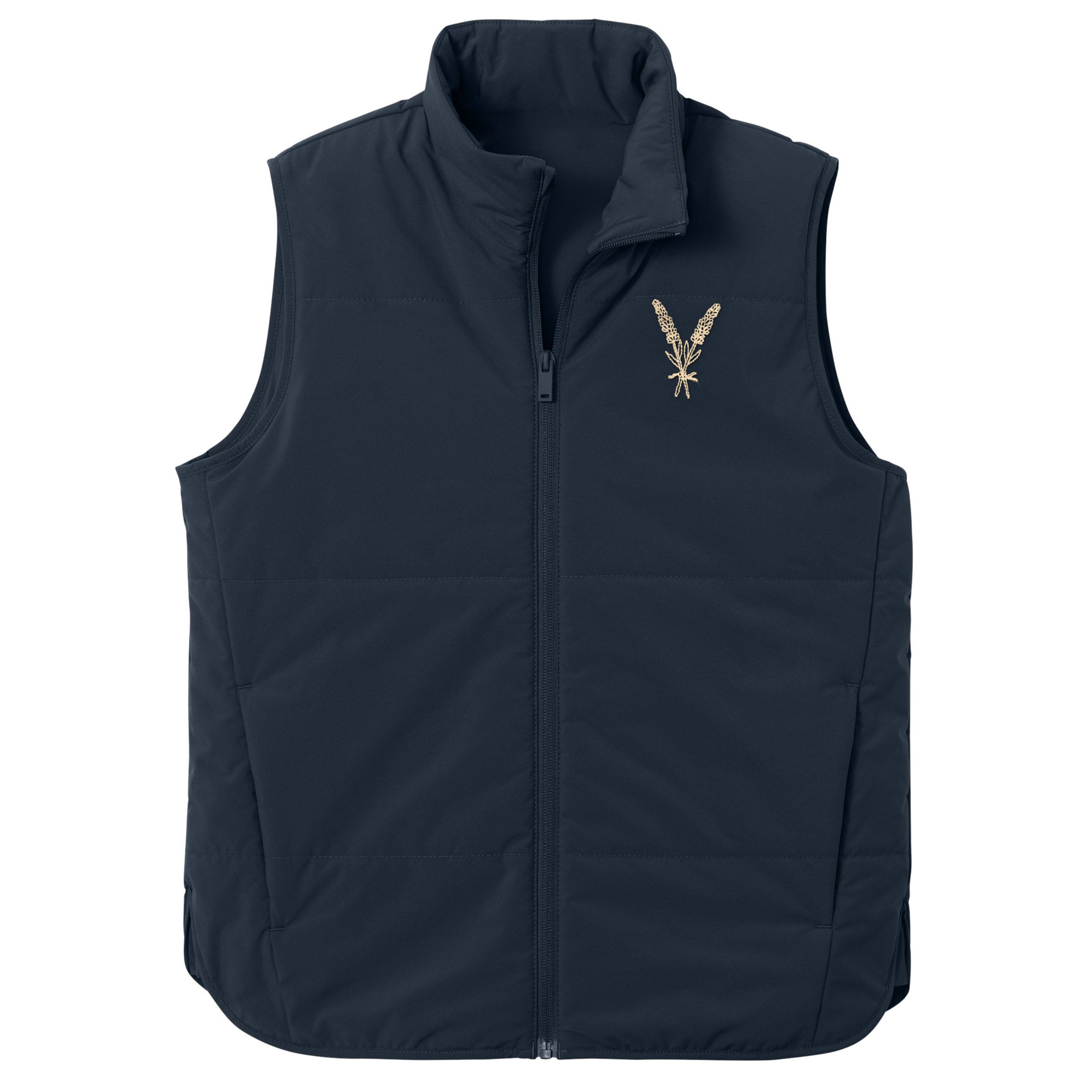 IYKYK Vest in Navy with a cream embroidered lavender sprig, unisex quilted outerwear