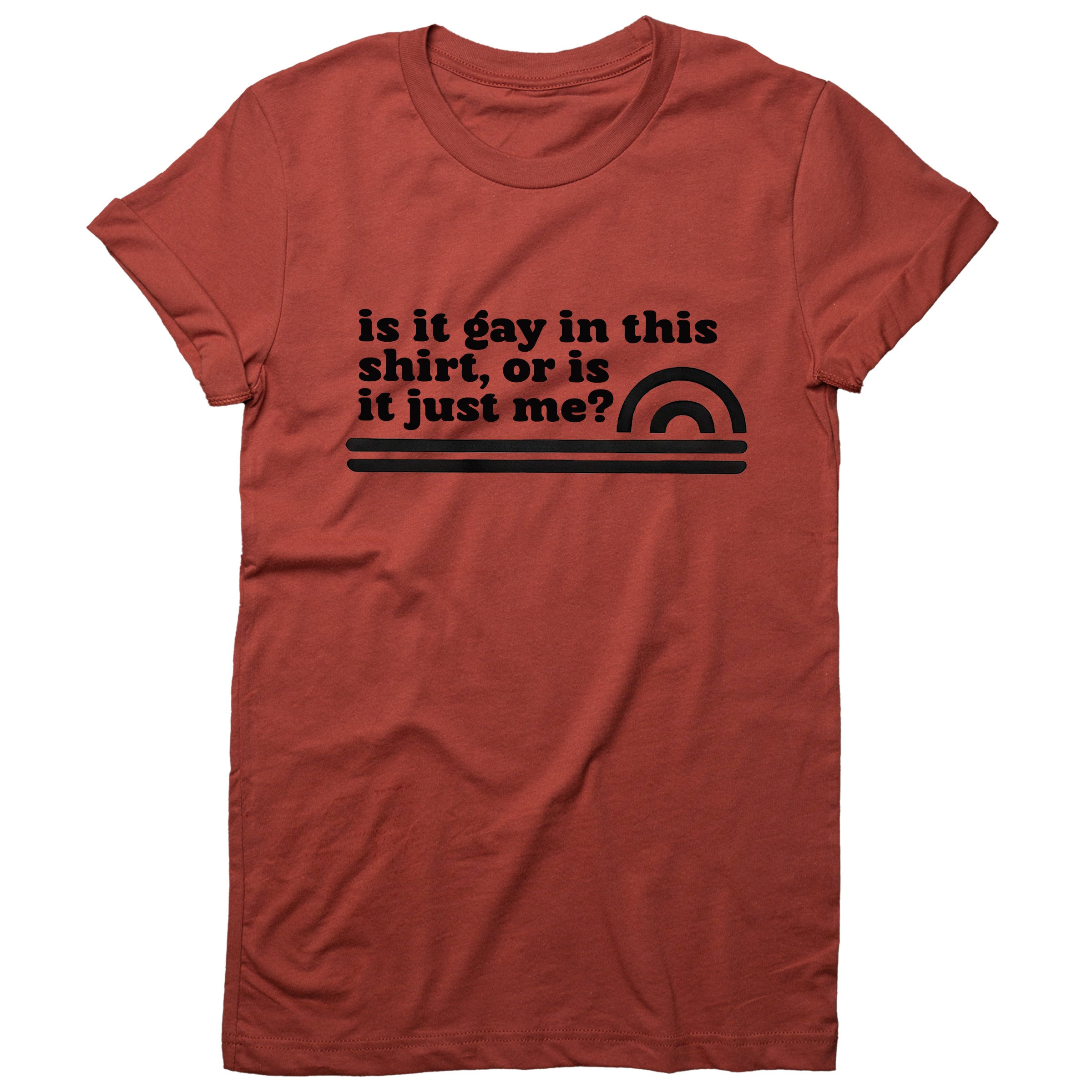 Is It Gay In This Shirt crew neck tee in Rust — LGBTQ+ Pride queer graphic tee