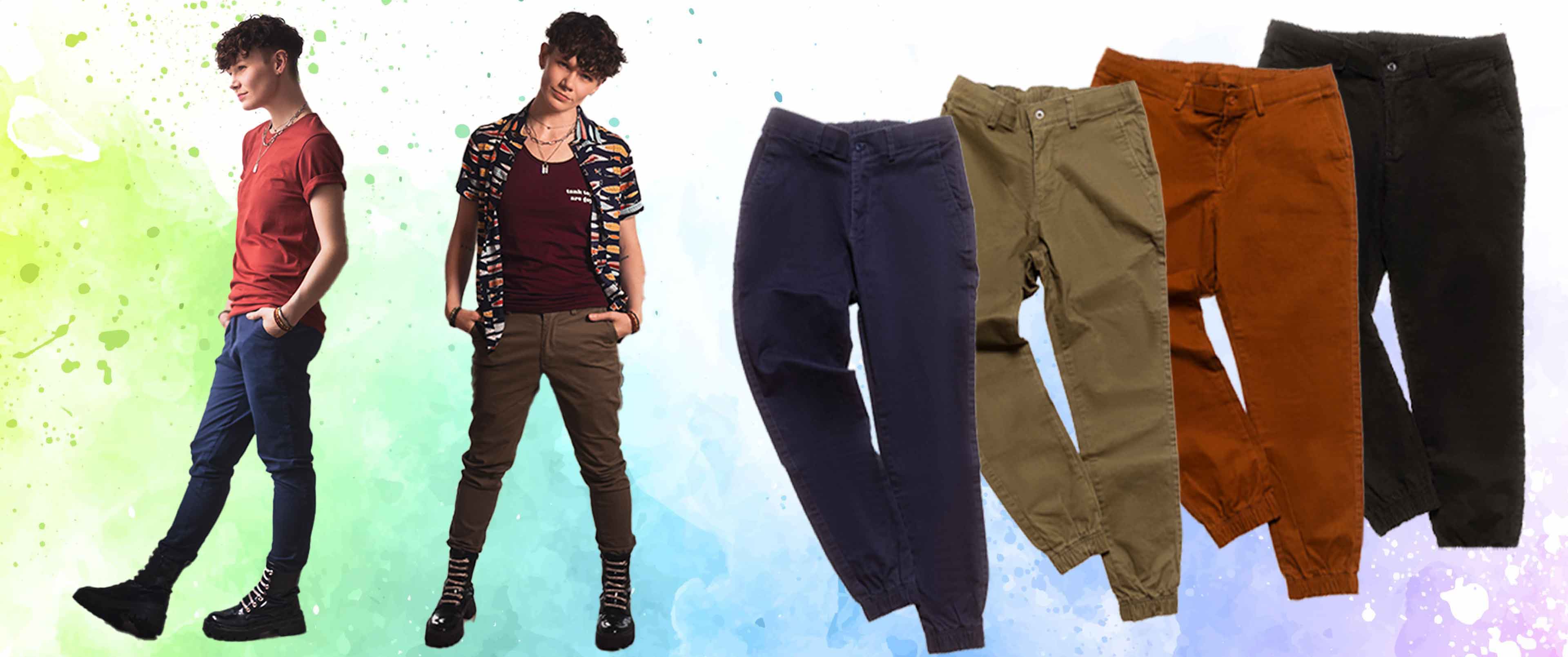 Androgynous Fox jogger khakis — gender neutral pants for non-binary and queer style
