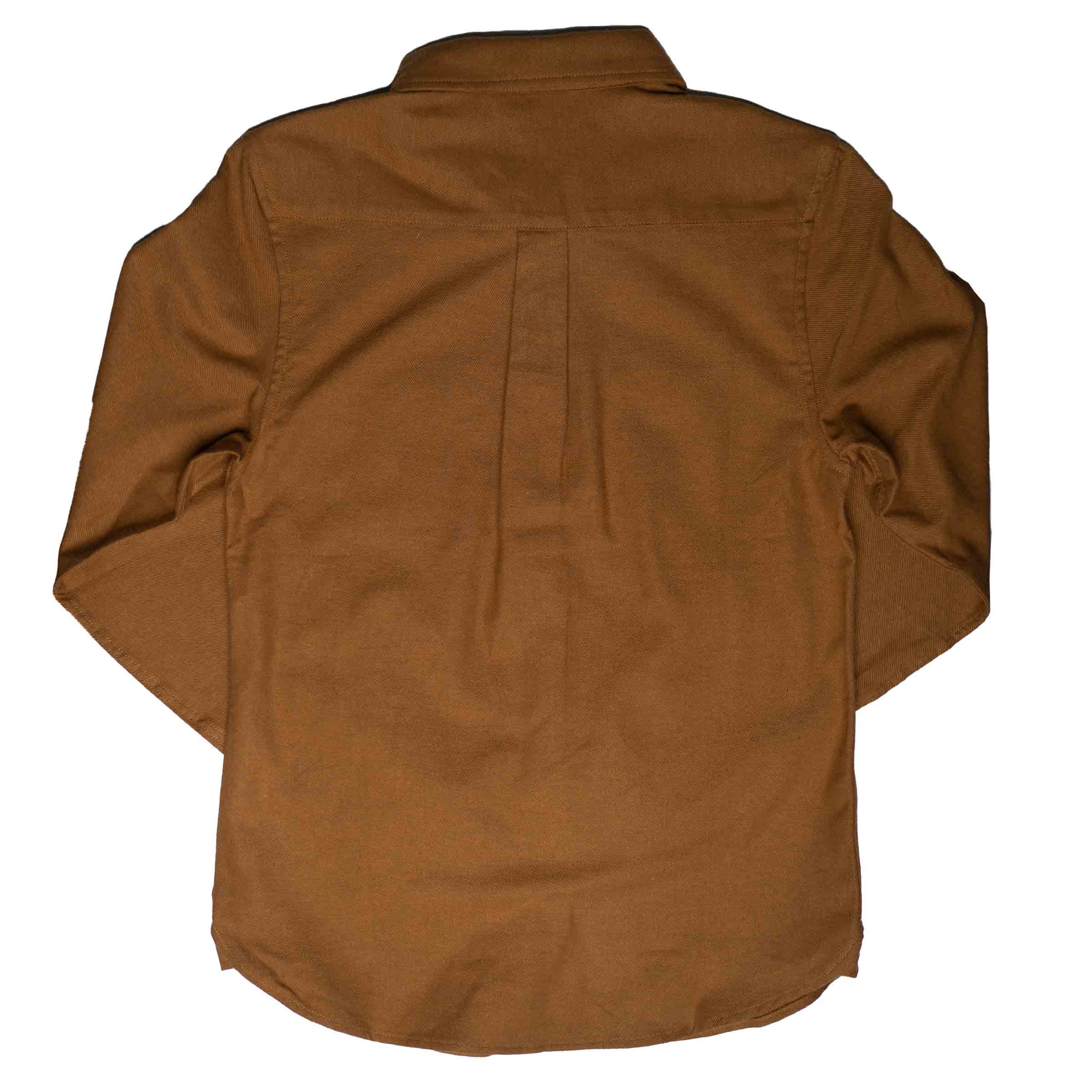 Field Day Flannel in Carmel back view with box pleat — Androgynous Fox gender neutral flannel