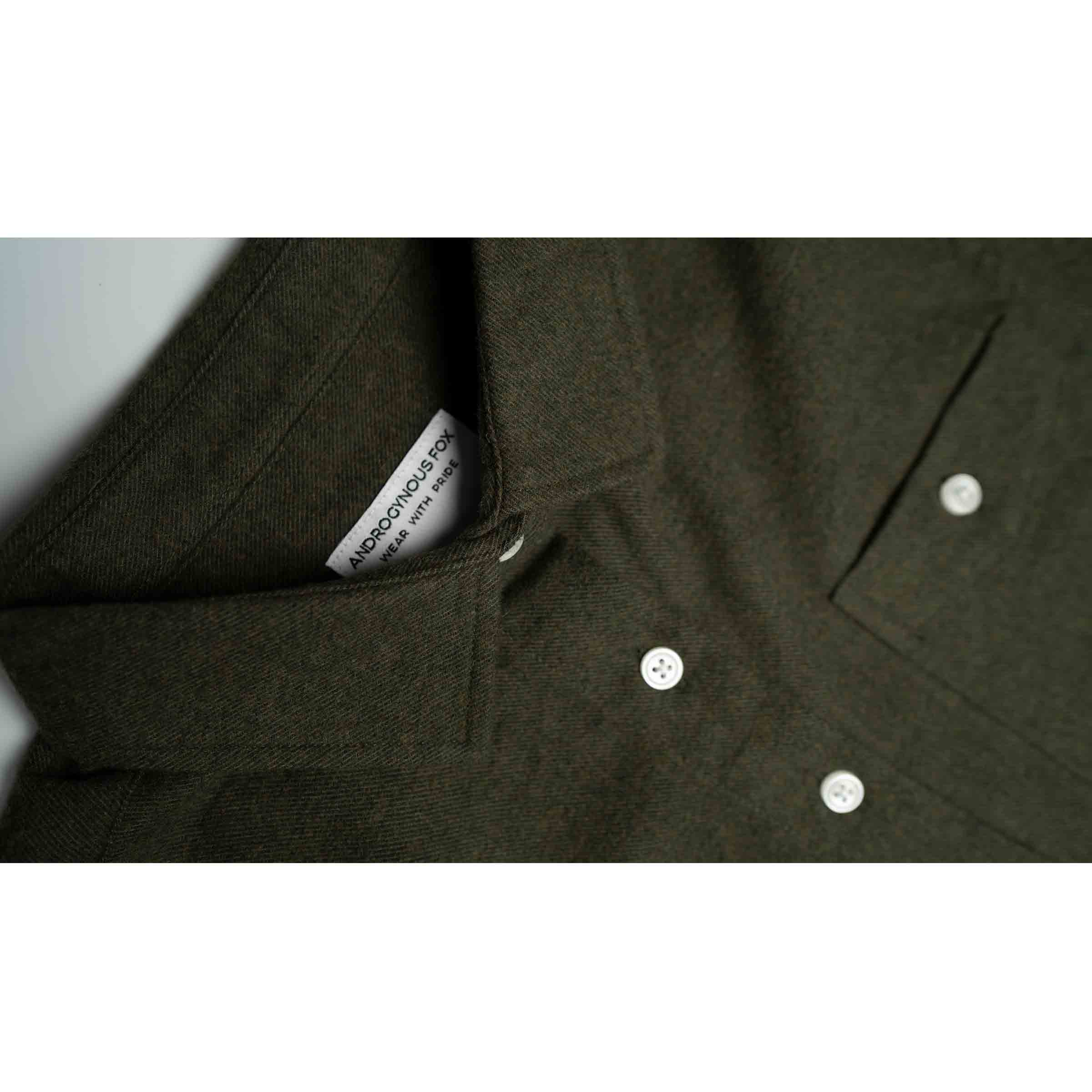 Field Day Flannel in Forest collar detail — Androgynous Fox gender neutral flannel