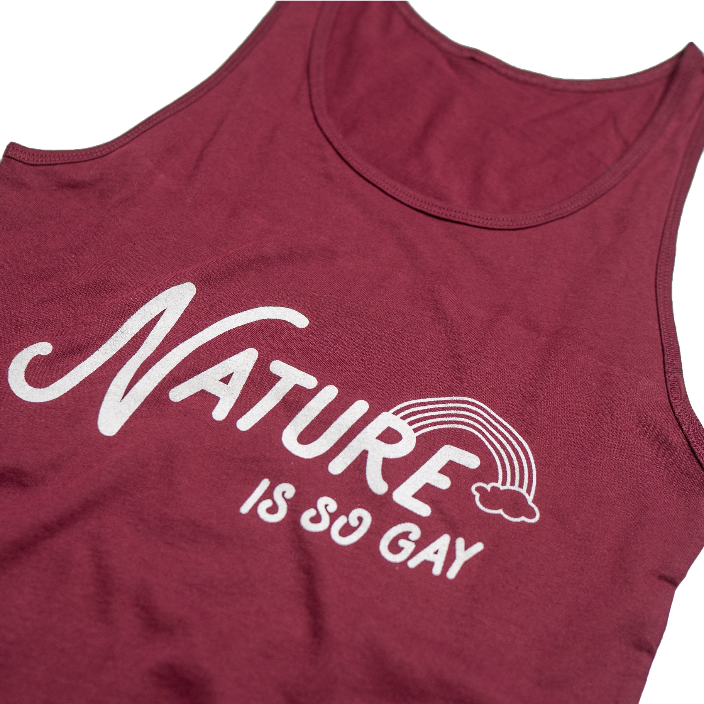 Nature Is So Gay tank top in Deep Red styled — gender neutral queer summer clothing
