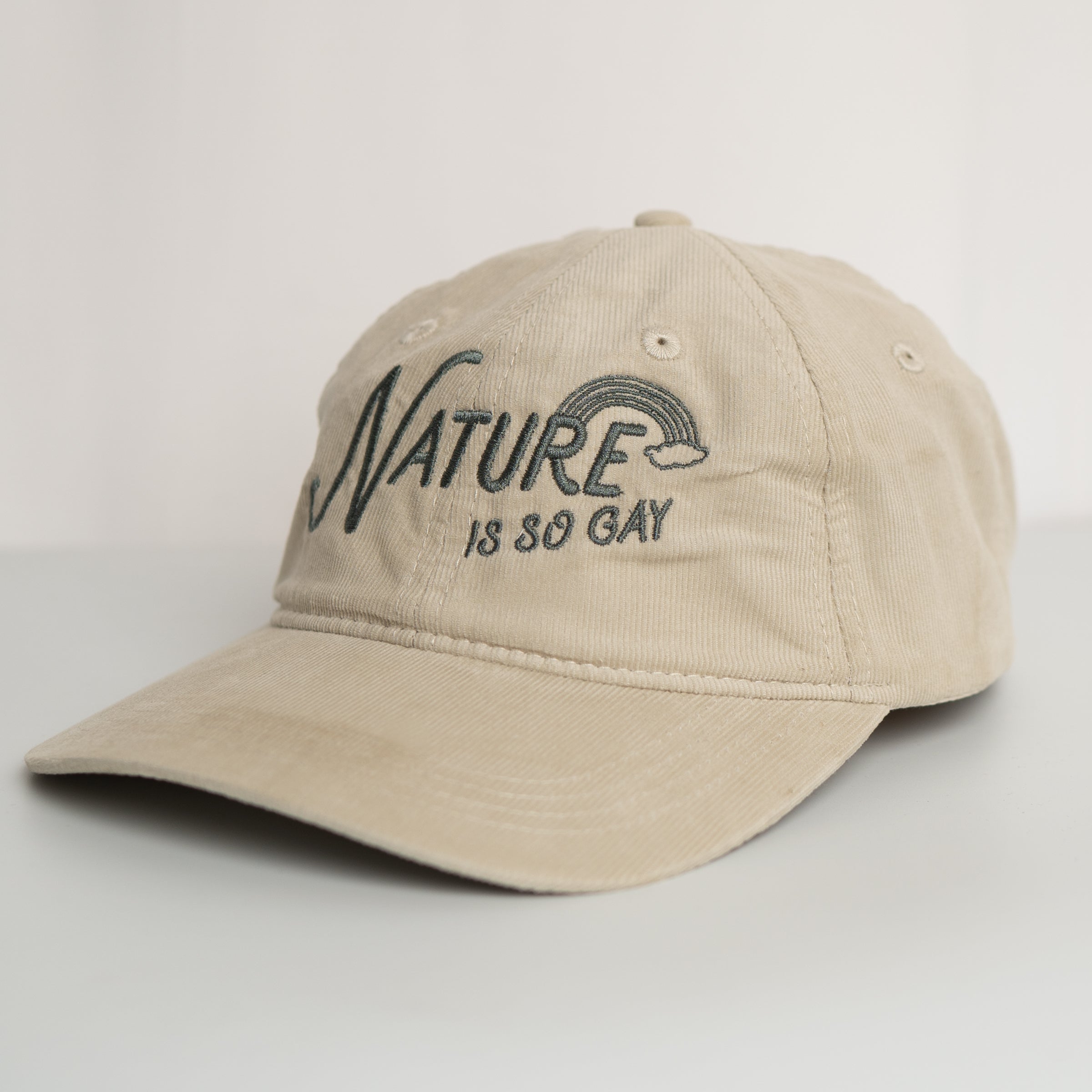 Nature Is So Gay corduroy hat in Cream — gender neutral LGBTQ+ queer accessory