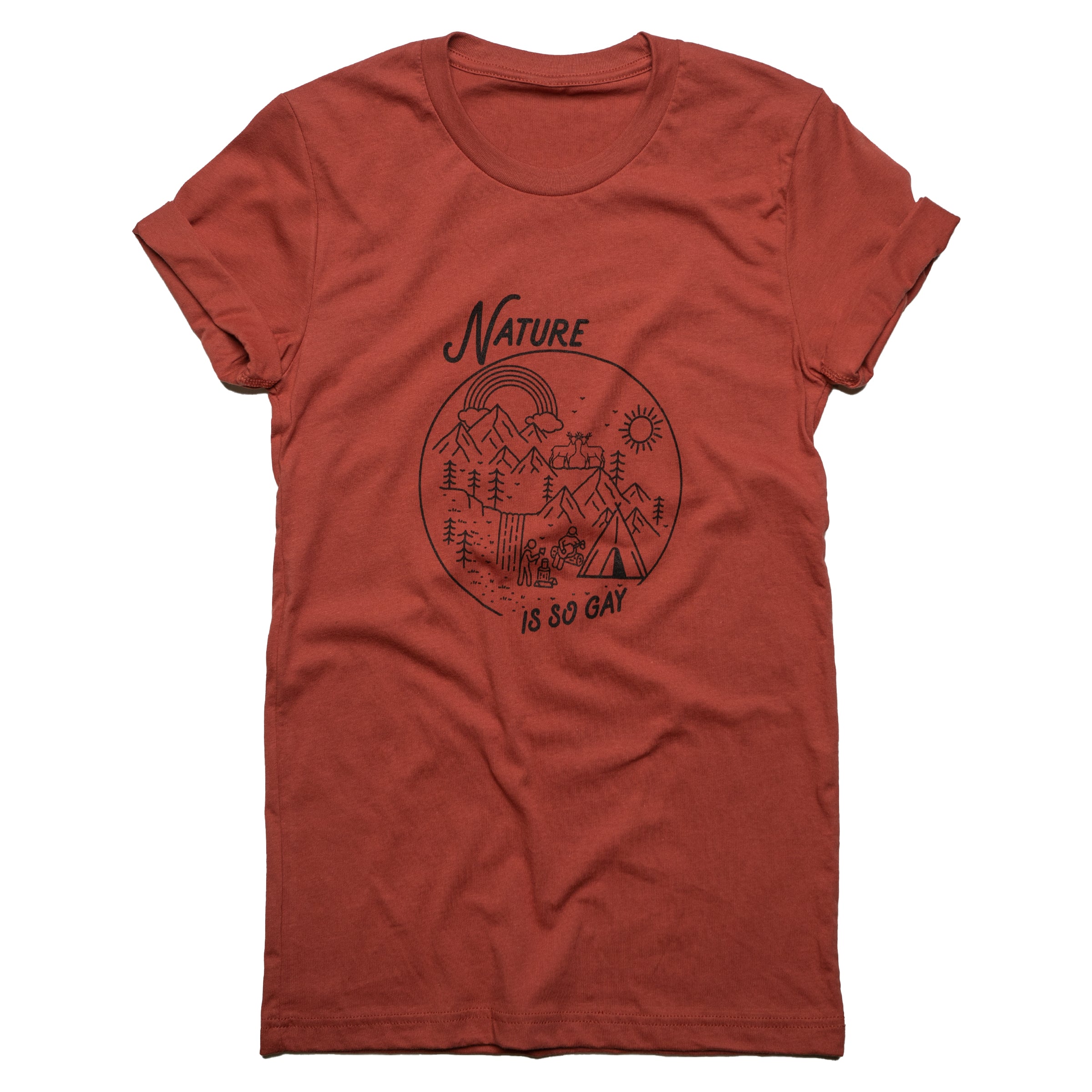 Nature Is So Gay crew neck tee in Rust — gender neutral queer clothing for non-binary style