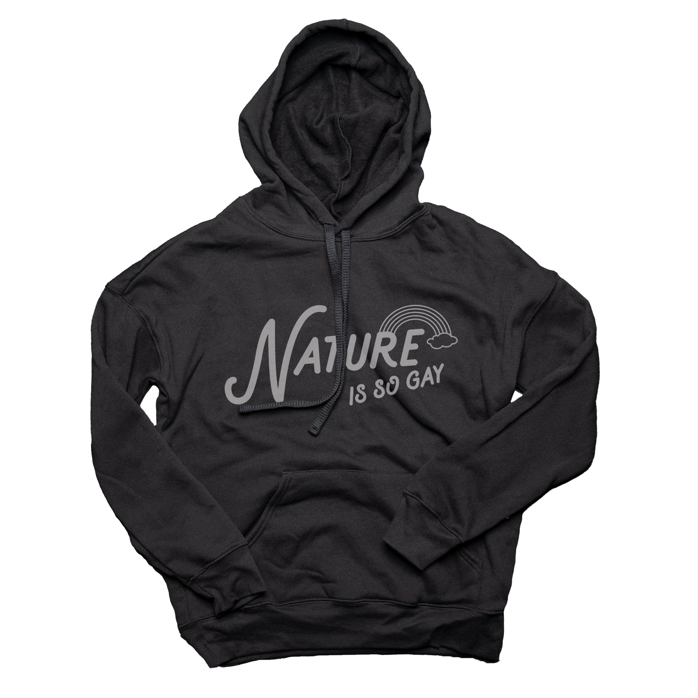 Nature Is So Gay Pullover Hoodie in Black — Androgynous Fox gender neutral hoodie for queer style