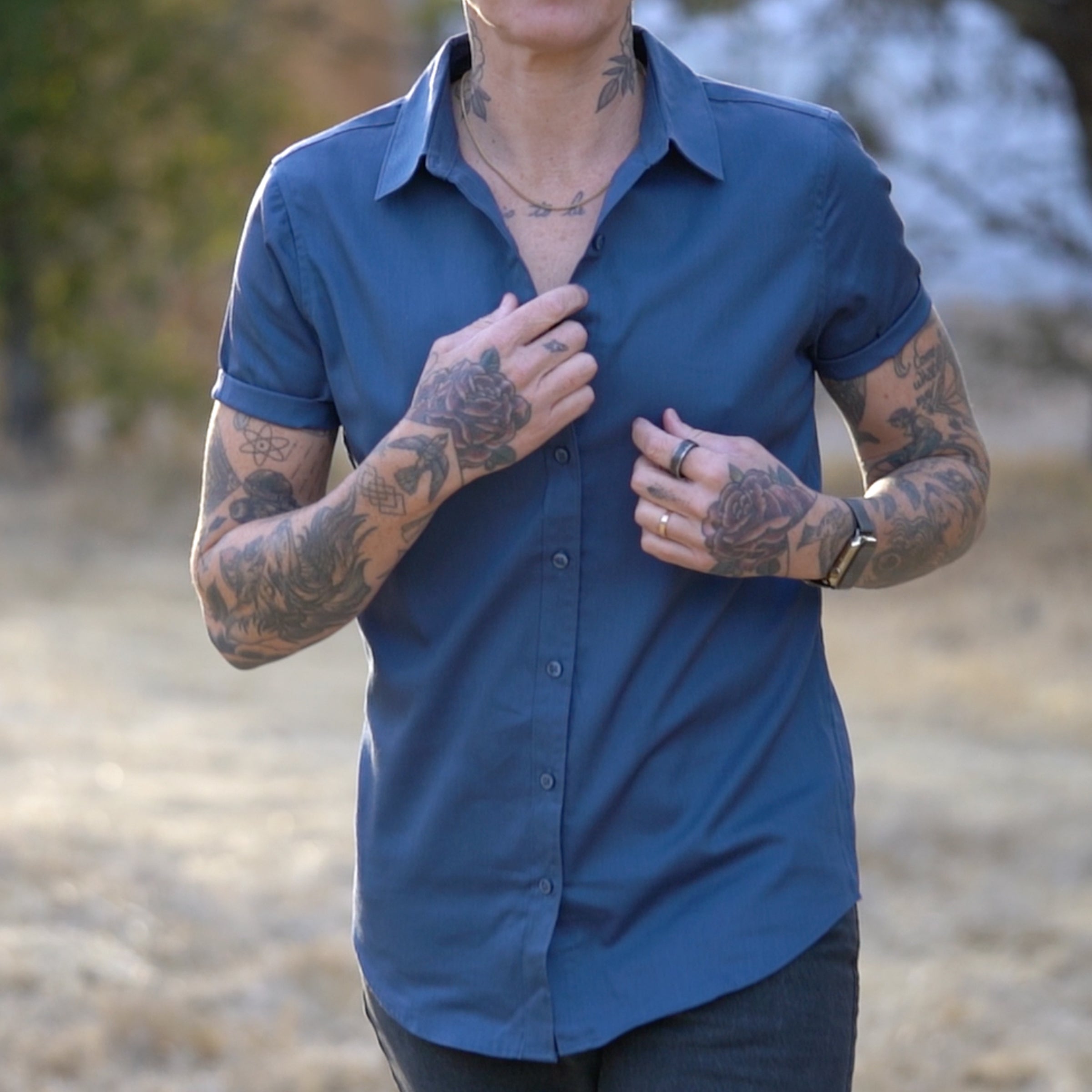 Swift Fox Twill Button Up Short Sleeve styled on model — Androgynous Fox unisex dress clothes