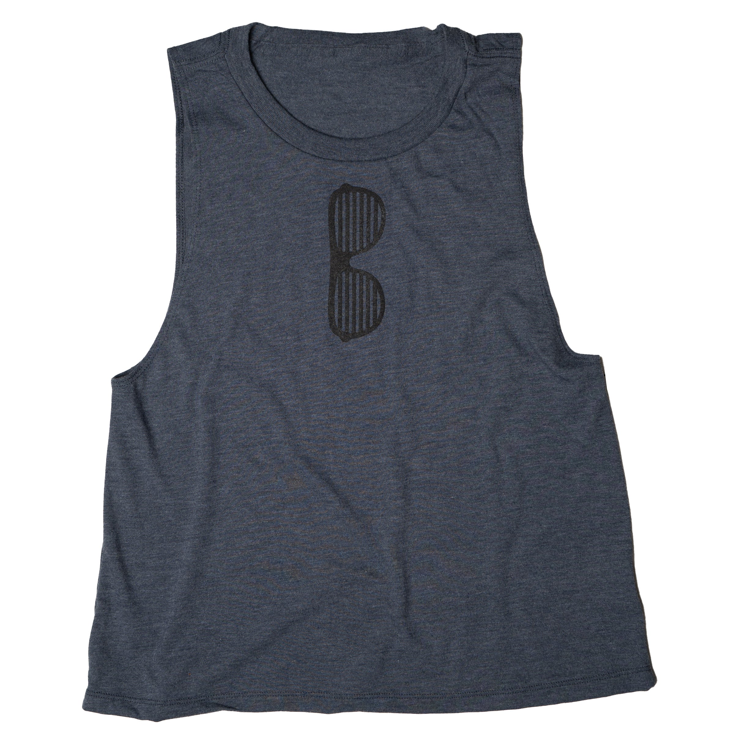 Shady Muscle Tank in Navy Heather with shutter shades print — relaxed unisex muscle tank