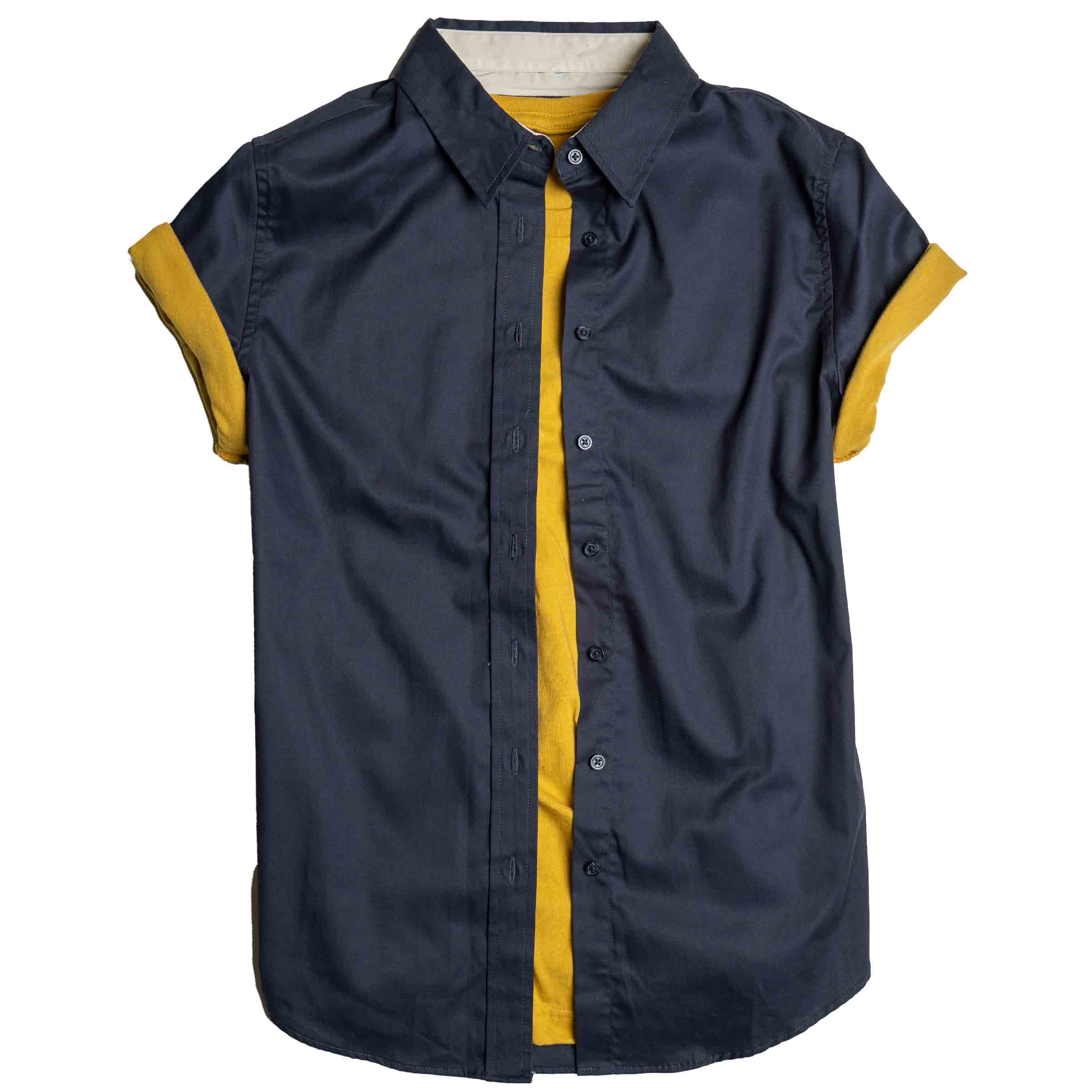Mustard cotton-poly crew neck tee layered with Swift Fox button-up — gender neutral androgynous basics