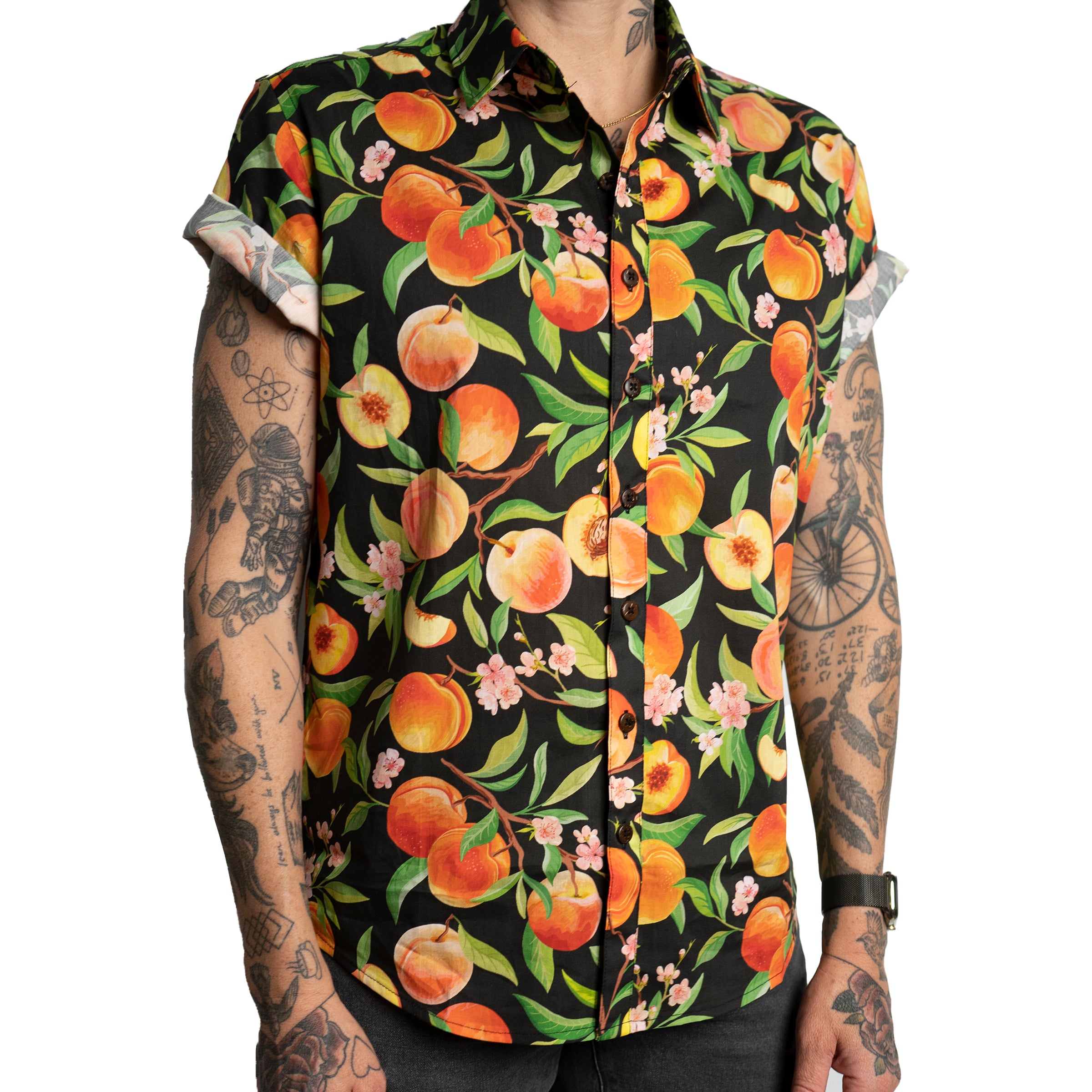 The Cobbler Short Sleeve Button Up in Peach on model — Androgynous Fox androgynous button up shirt