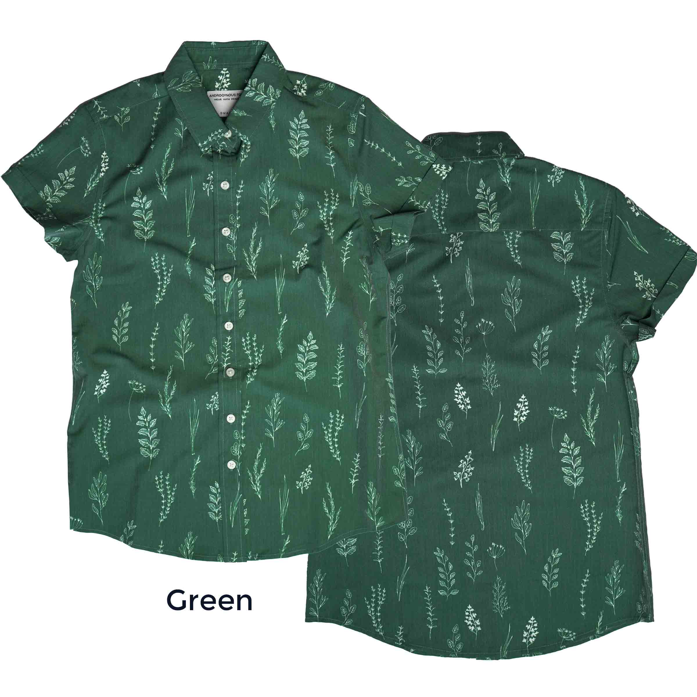 The Kam plant print button up in Green, front and back — Androgynous Fox androgynous button up shirt