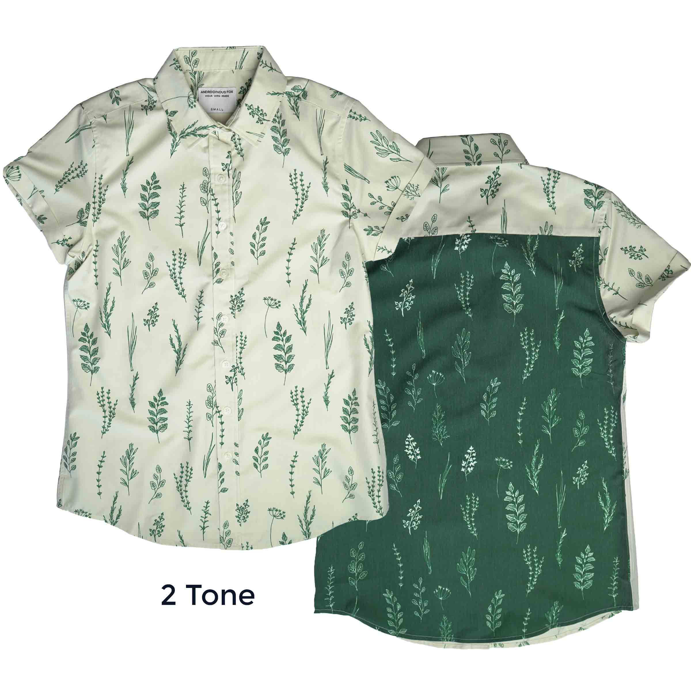 The Kam plant print button up in Two Tone, front and back — Androgynous Fox androgynous button up shirt
