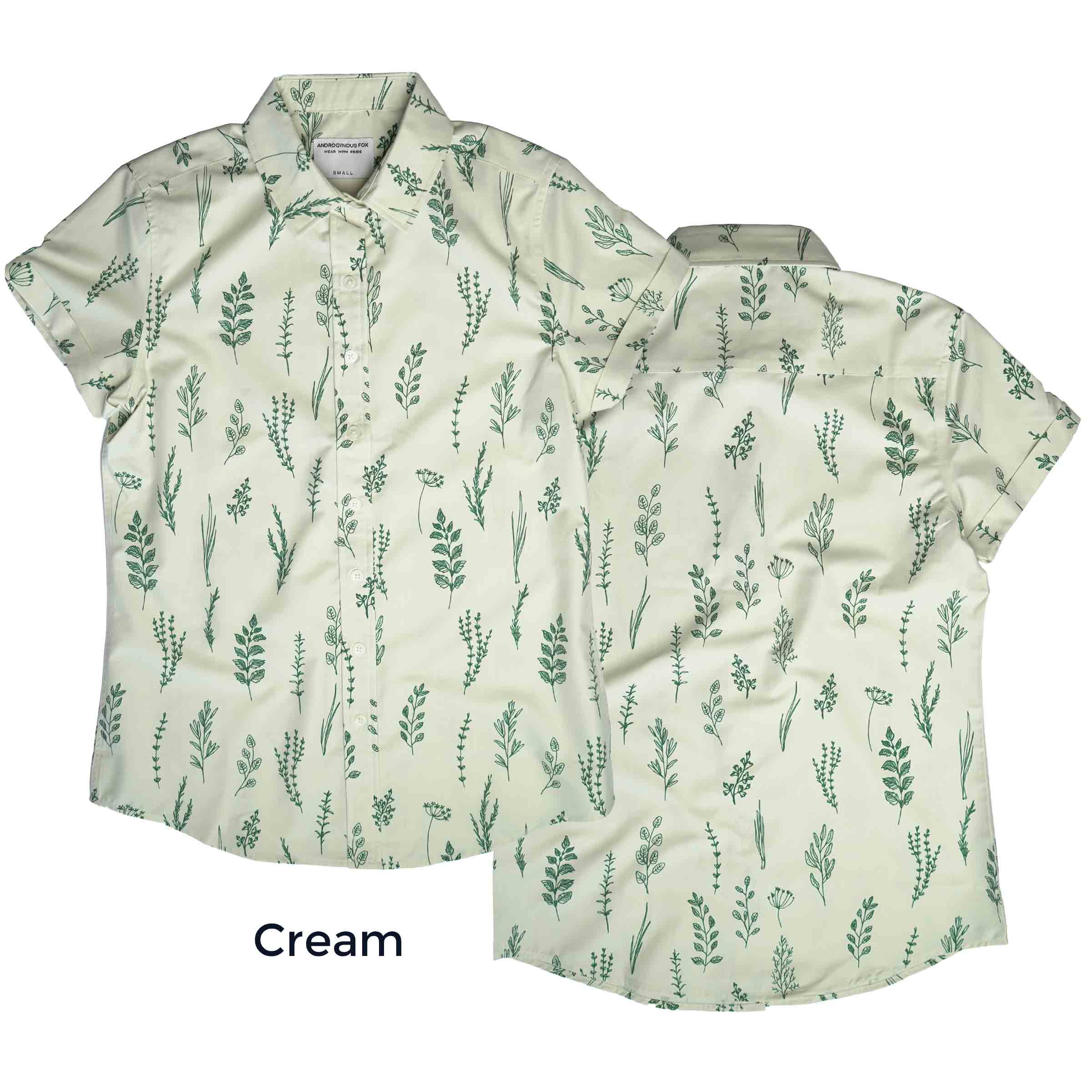 The Kam plant print button up in Cream, front and back — Androgynous Fox androgynous button up shirt