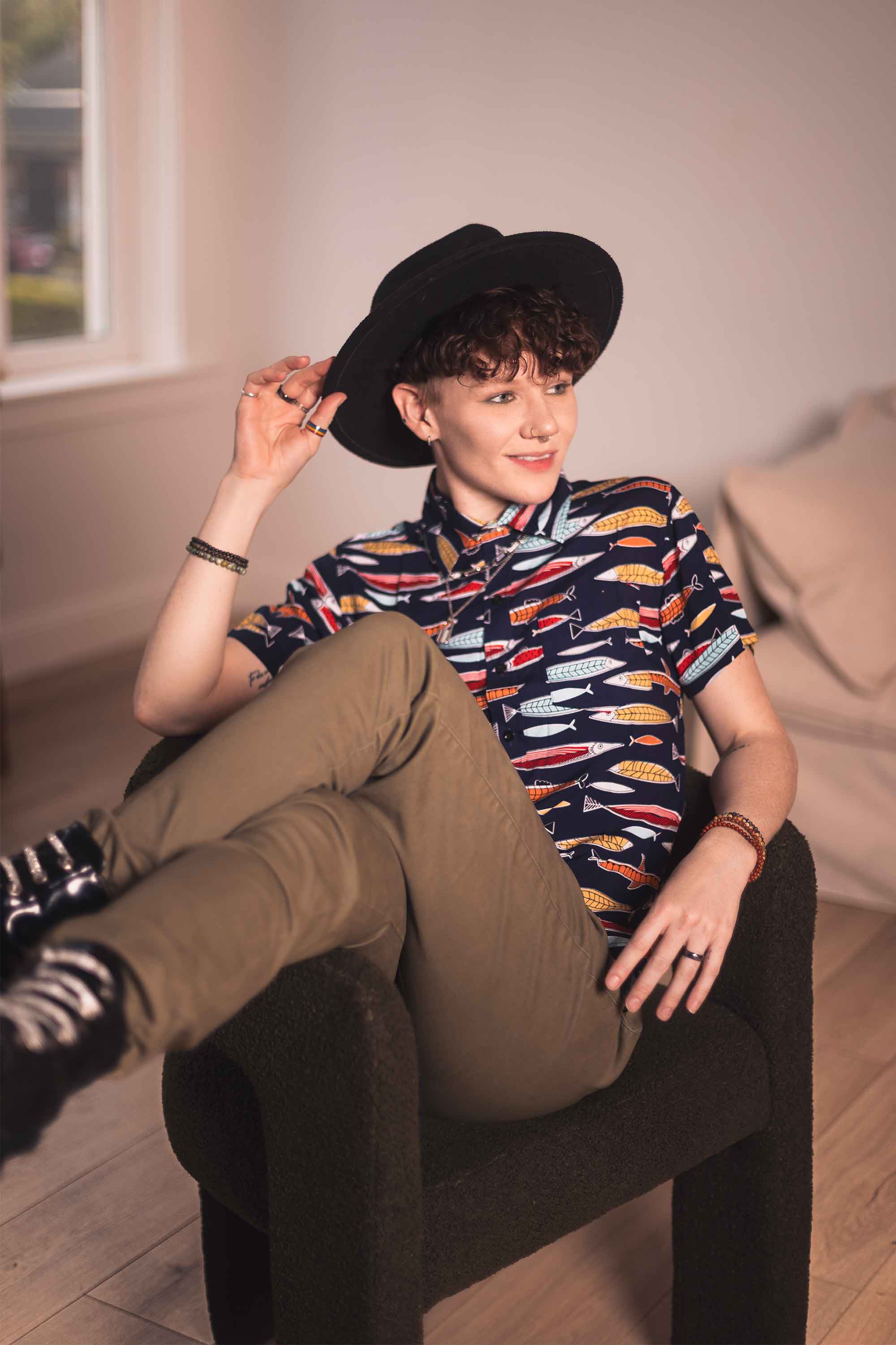 The Upstreamer short sleeve button-up on model — androgynous gender neutral dress shirt