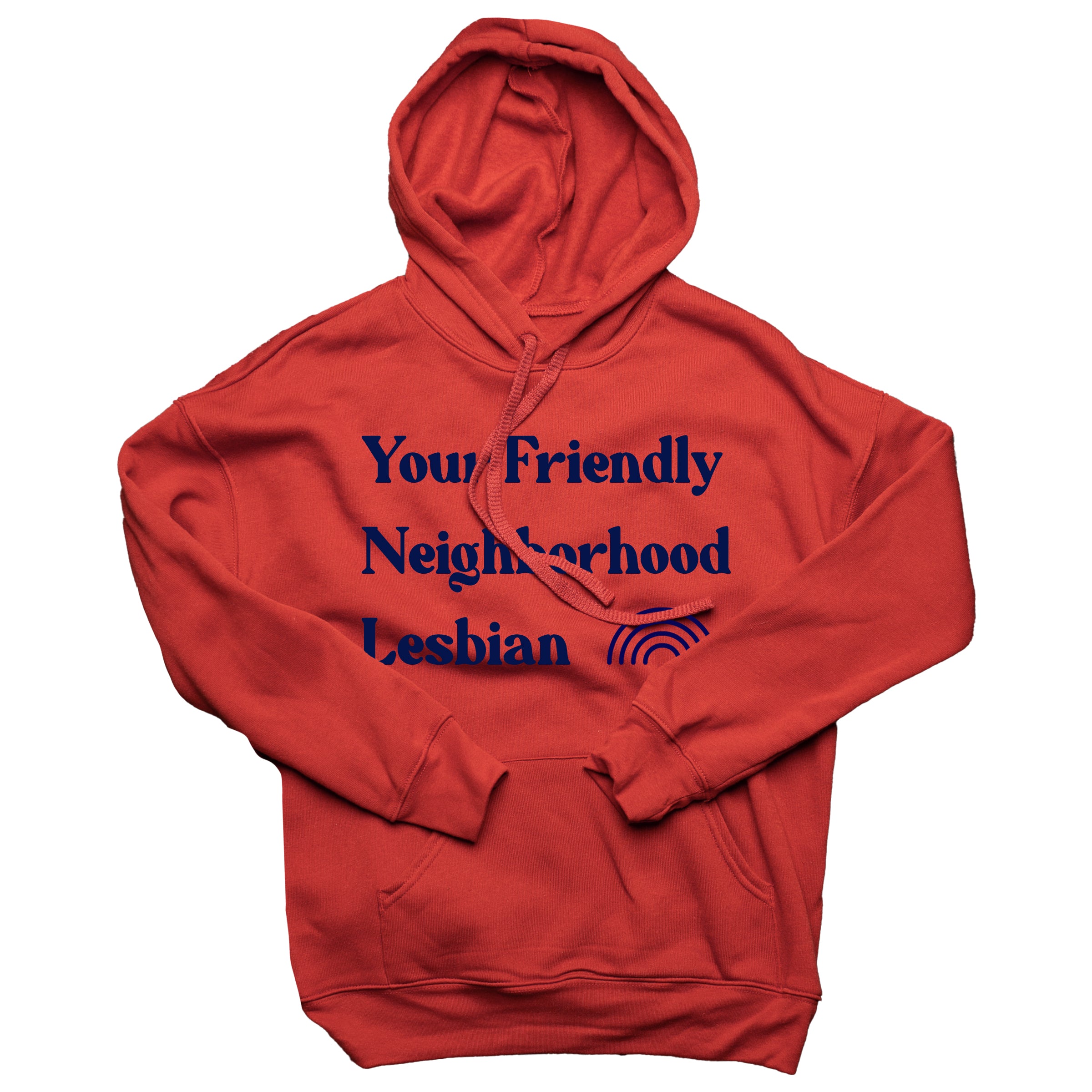 Your Friendly Neighborhood Lesbian pullover hoodie in Rust — lesbian clothing for butch and queer style