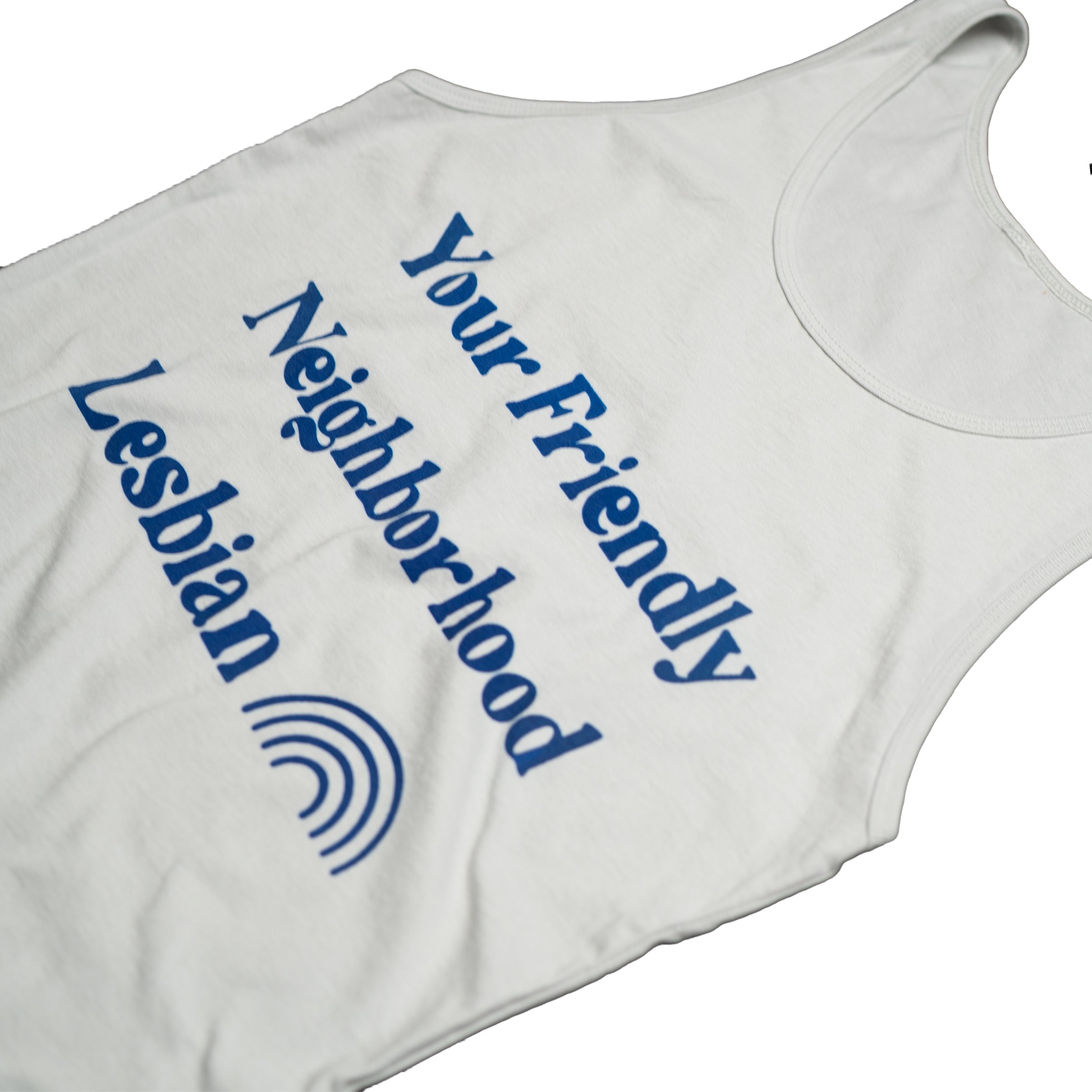 Your Friendly Neighborhood Lesbian tank top in Silver styled — gender neutral lesbian clothing for queer fashion