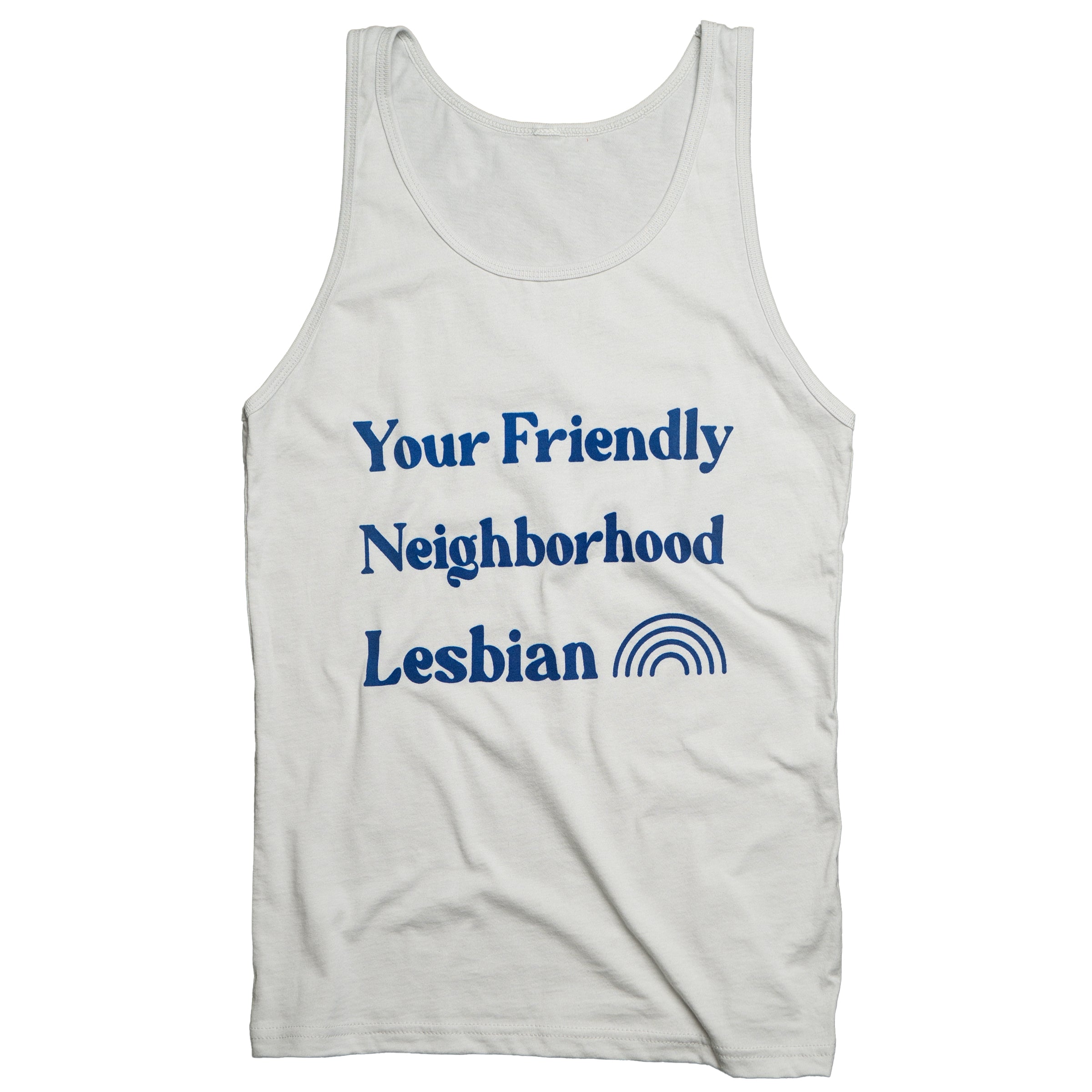 Your Friendly Neighborhood Lesbian tank top in Silver — masc lesbian clothing for queer summer style