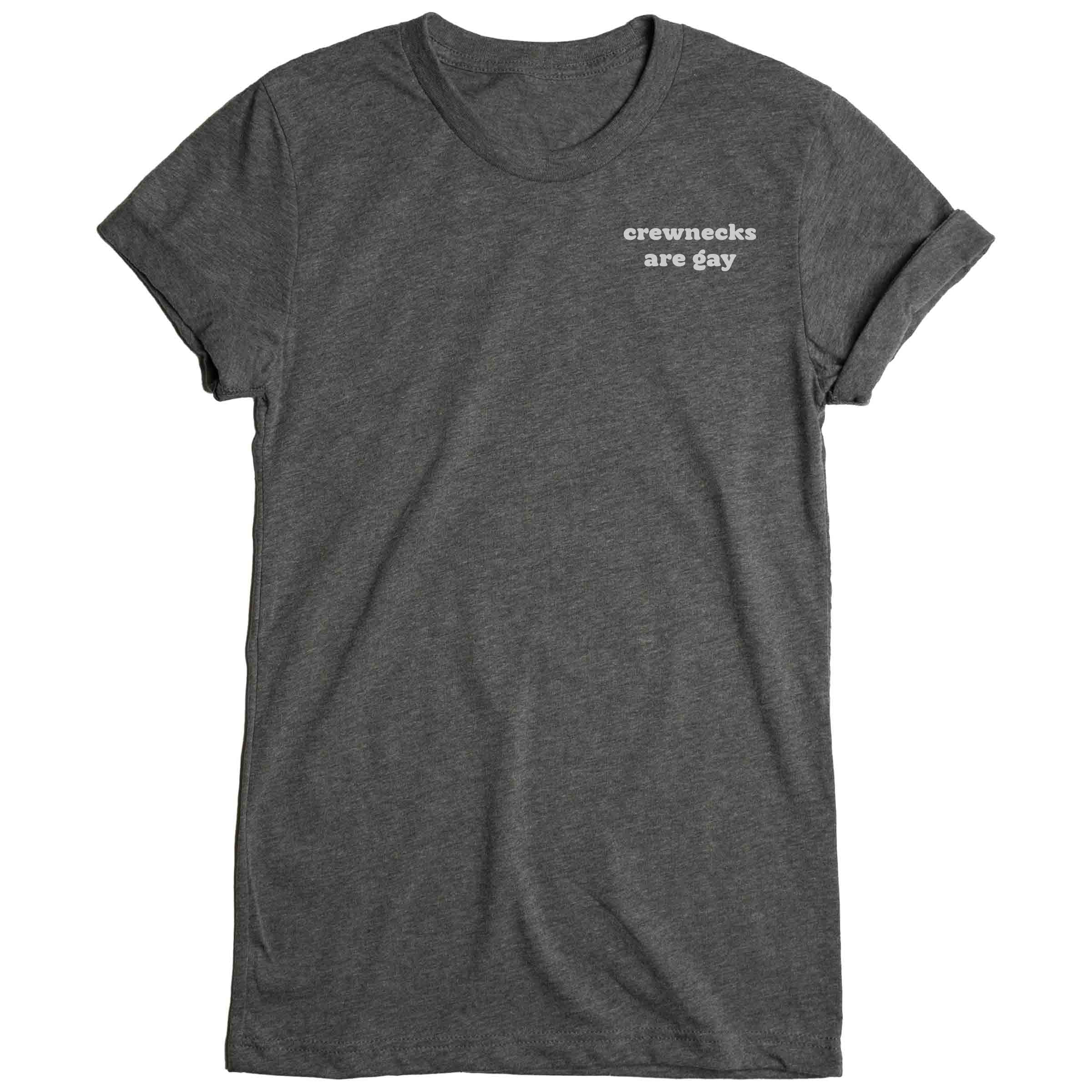Crewnecks Are Gay graphic tee in Grey — gender neutral queer clothing for non-binary style