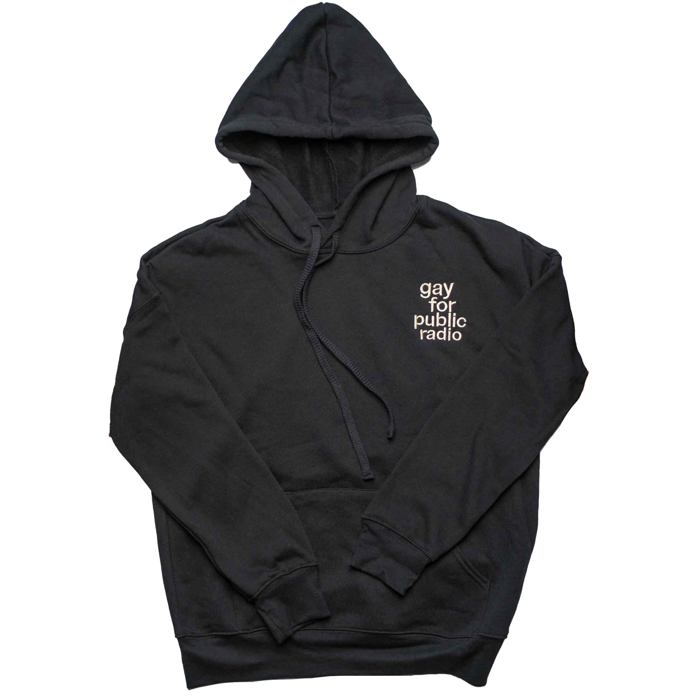 Gay For Public Radio embroidered pullover hoodie in Black — androgynous queer clothing