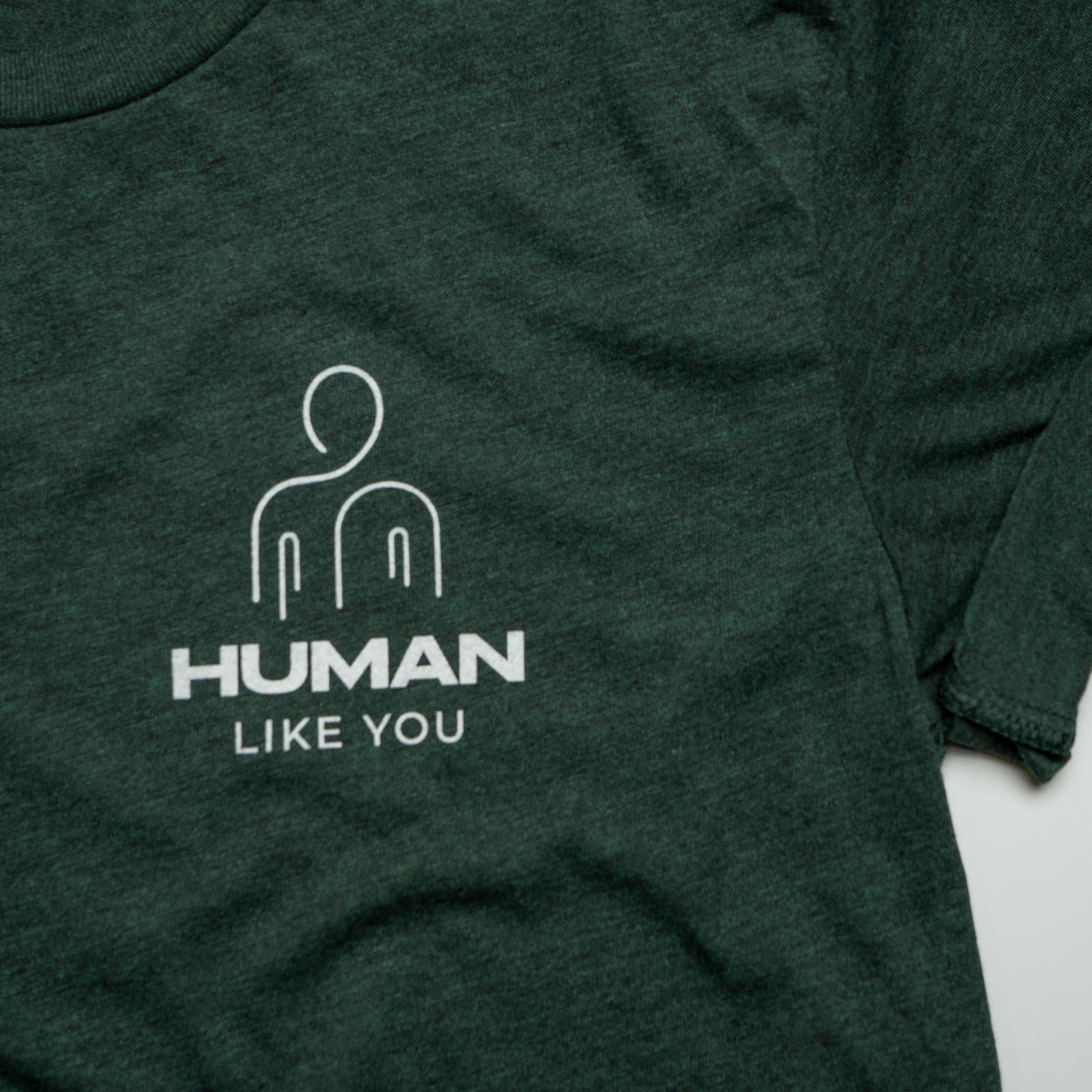 Human Like You V2 crew neck tee in Forest Green Triblend — gender neutral transgender queer clothing
