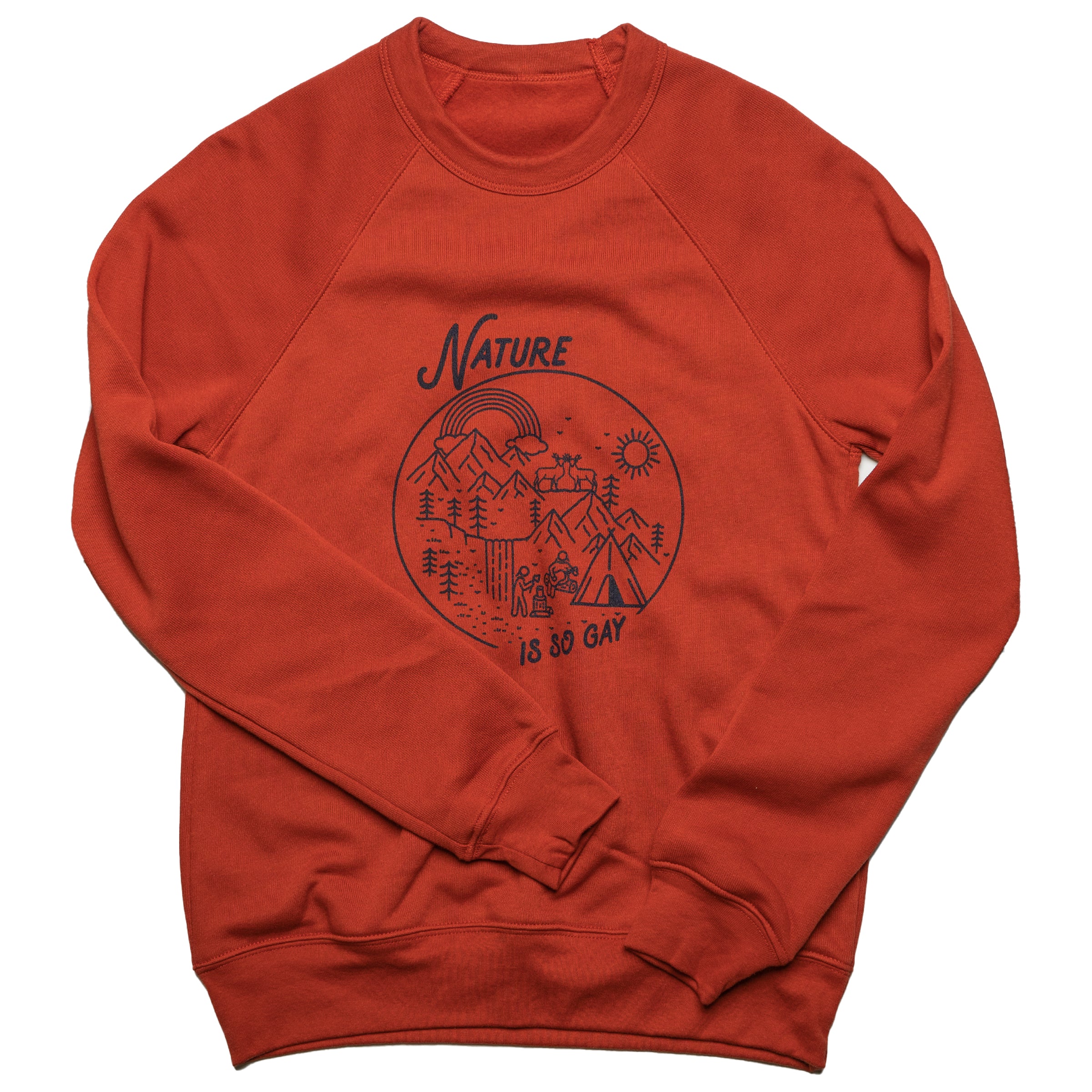 Nature Is So Gay pullover sweatshirt in Rust styled — gender neutral queer clothing for non-binary style