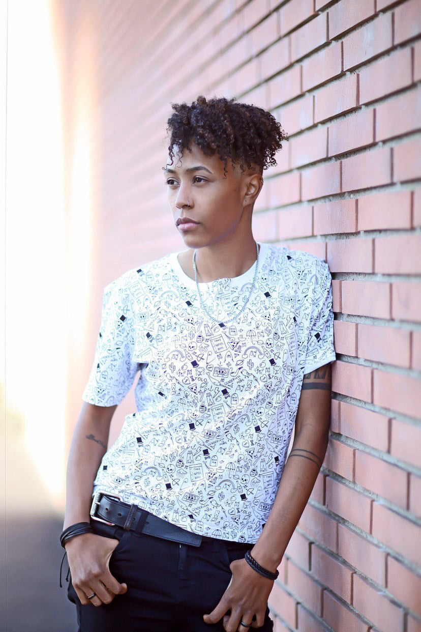 AF Mid-Length Henley on model — gender neutral queer clothing for non-binary style