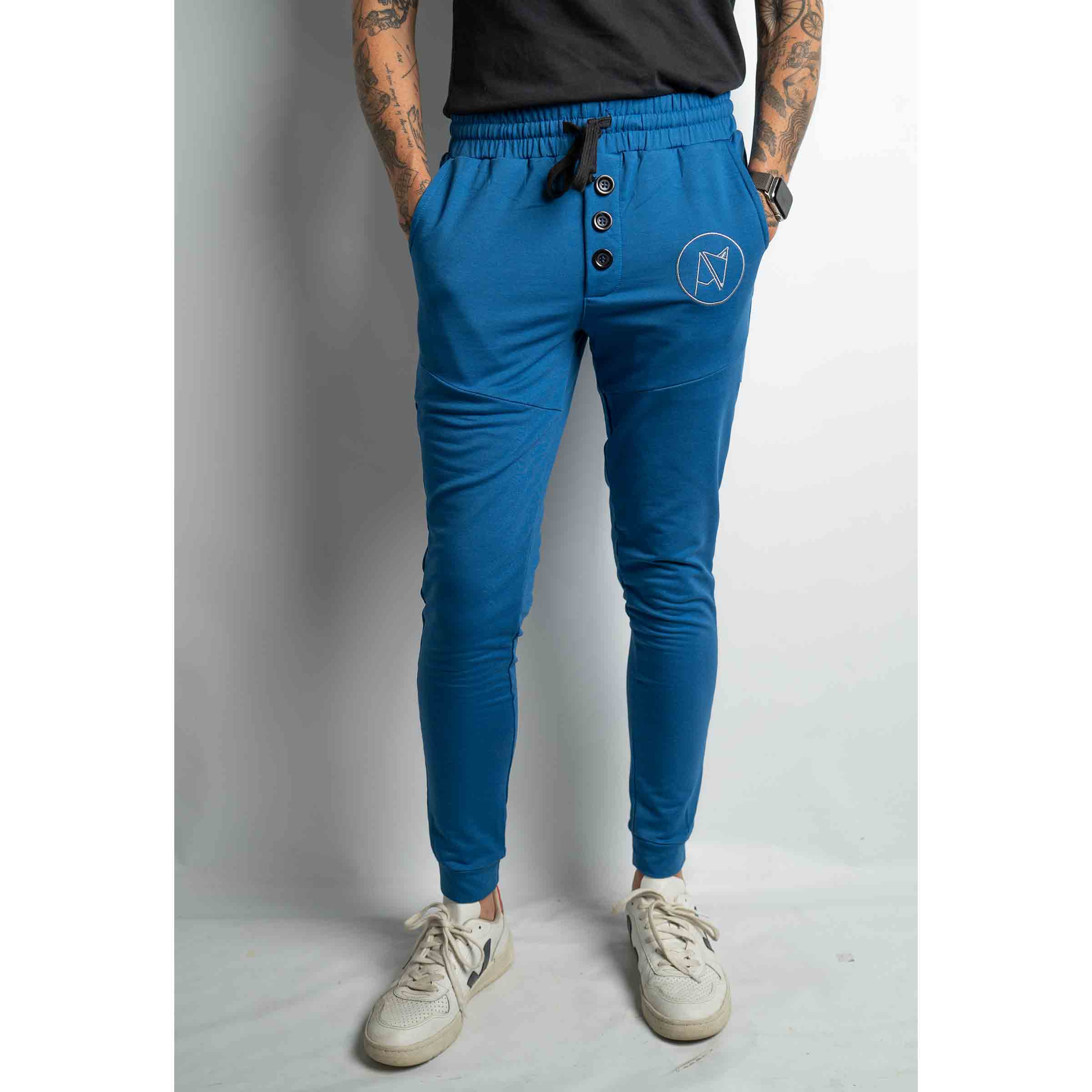 Androgynous Fox Jogger Sweats in Royal Blue on model — androgynous pants