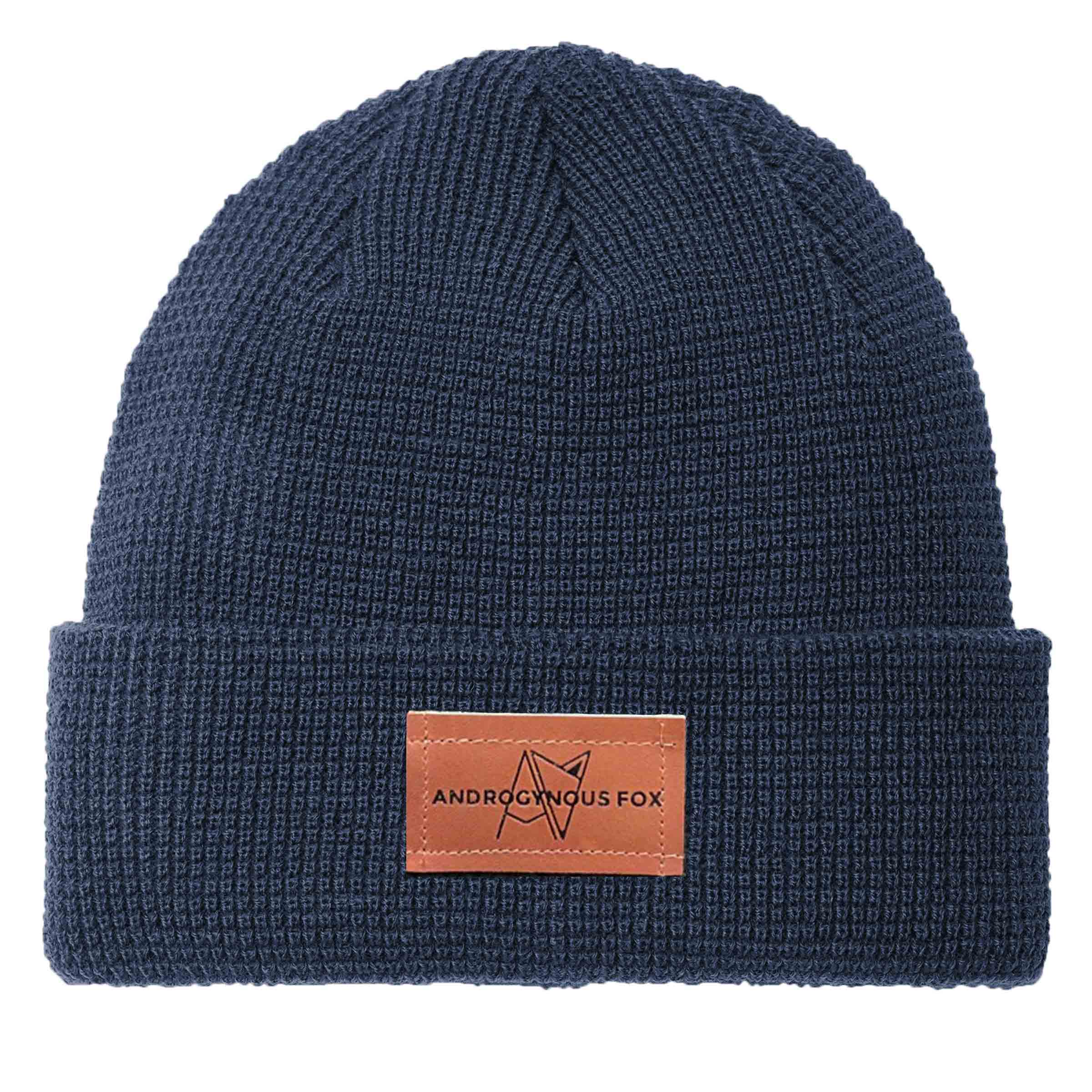 Androgynous Fox Thermal Knit Beanie in Navy — gender neutral queer accessory