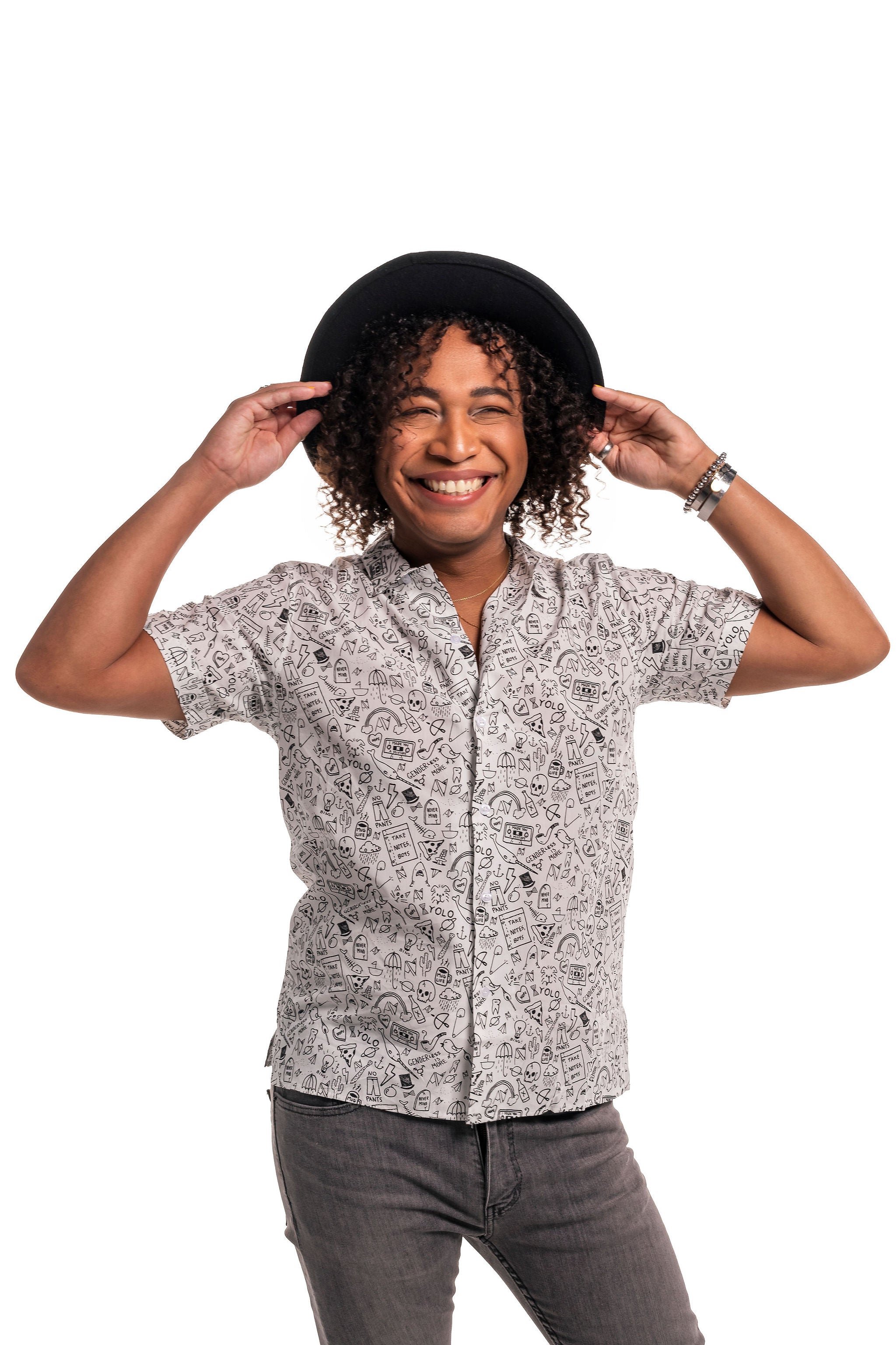 Stick n' Poke Button Up all-over print detail — Androgynous Fox androgynous button up shirt