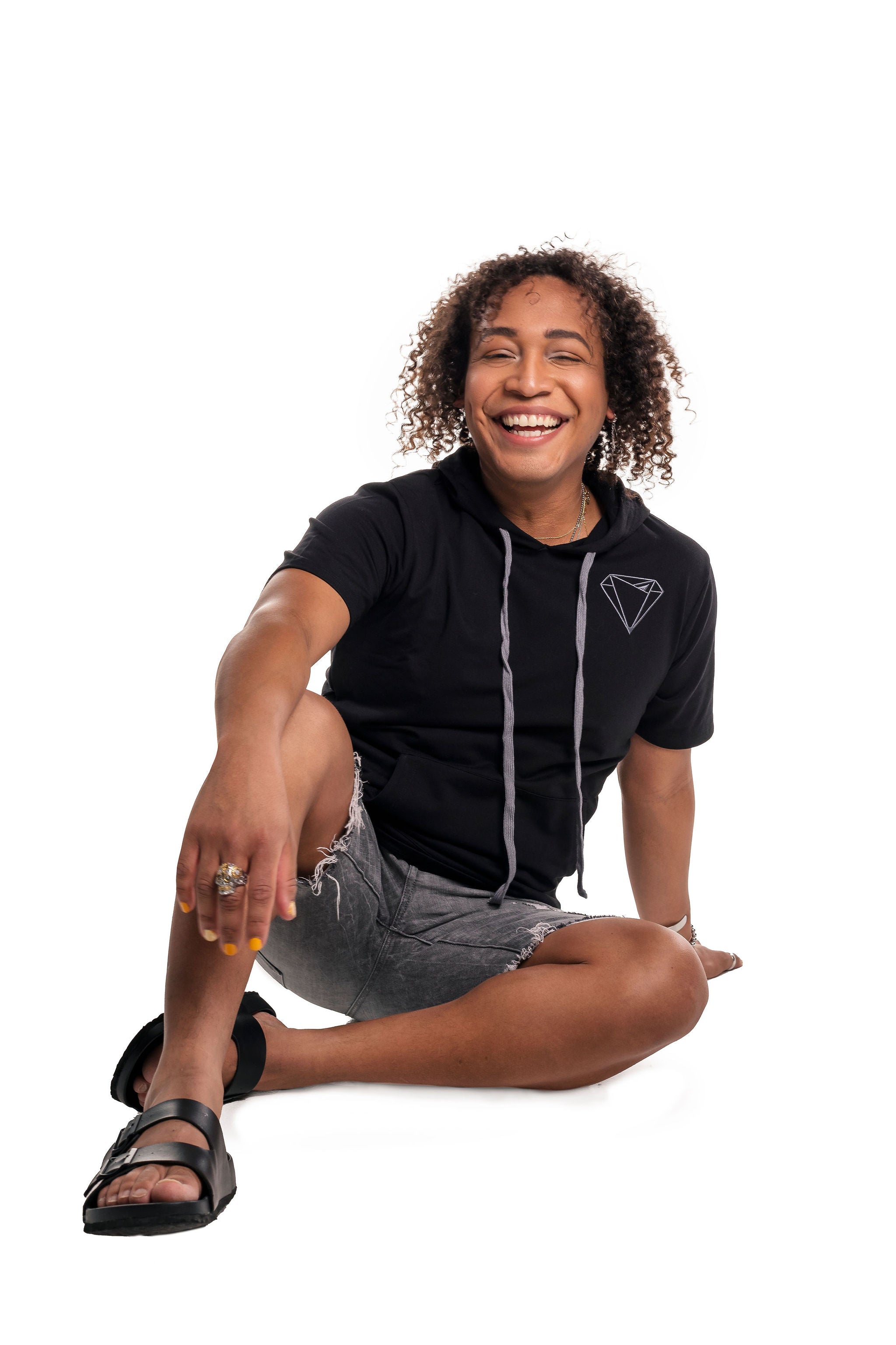 DITR French Terry Short Sleeve Hoodie on model — Androgynous Fox gender neutral hoodie for queer style