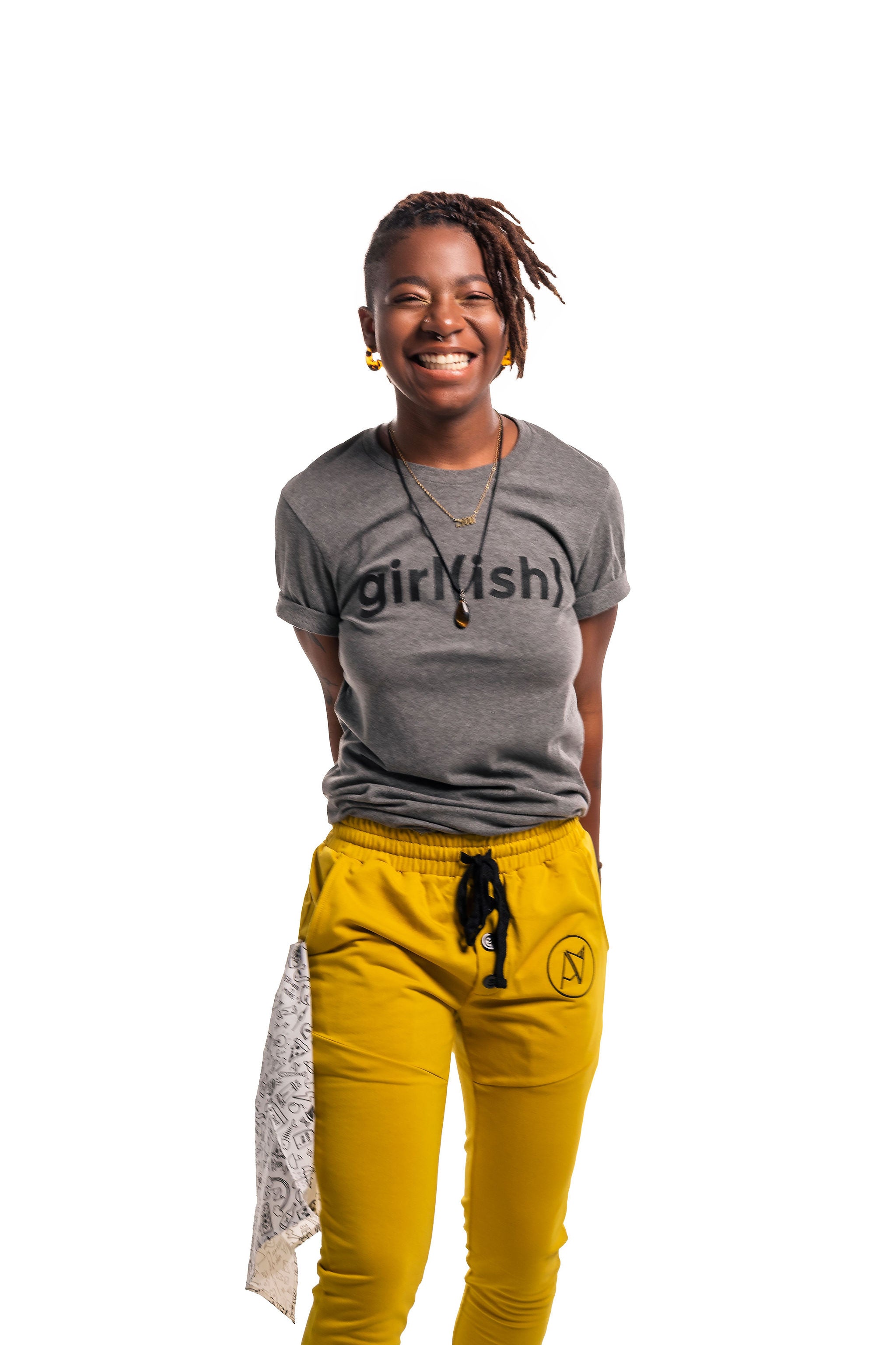 Girl(ish) crew neck tee in grey on model — gender fluid non-binary queer clothing