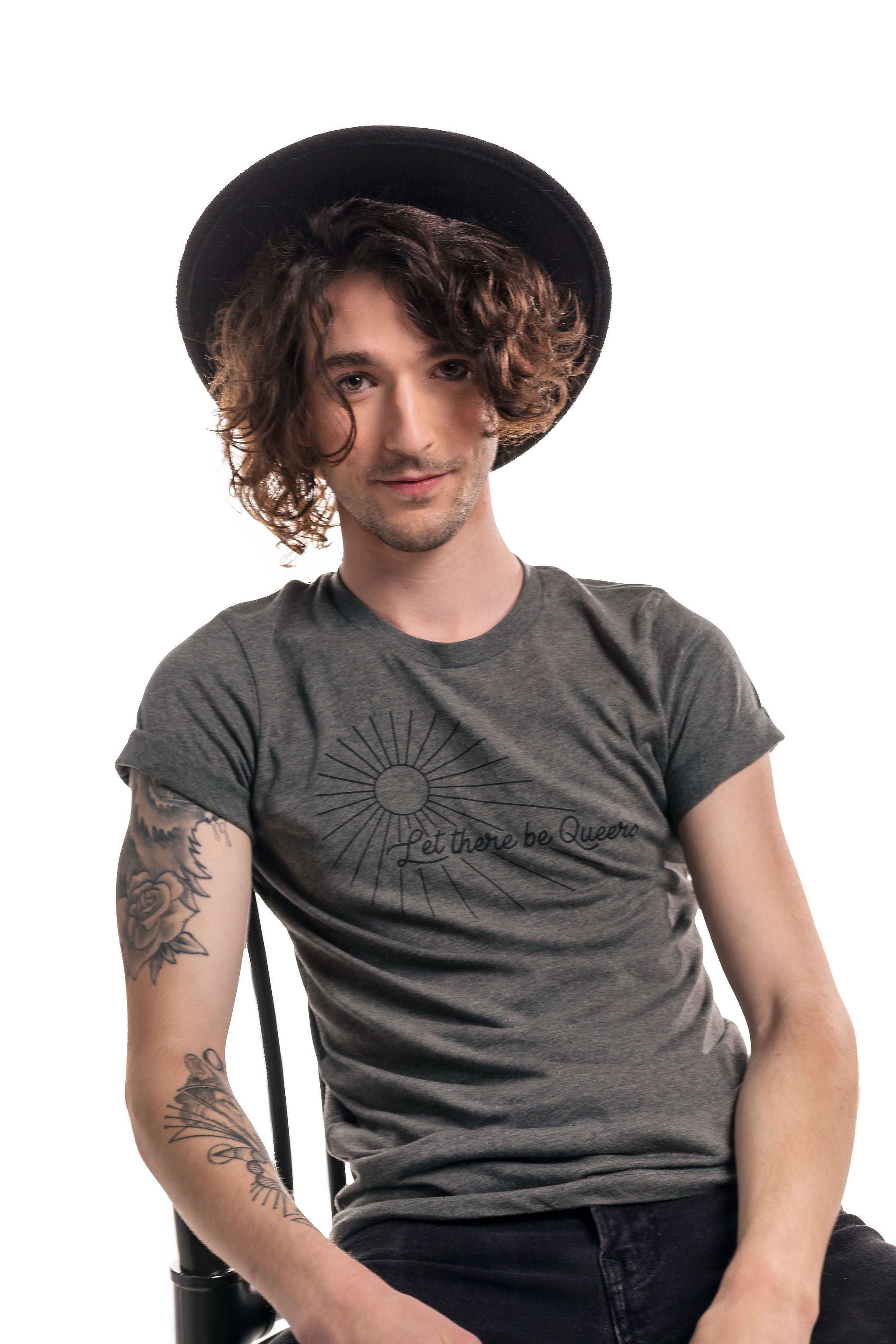 Let There Be Queers crew neck tee on model — non-binary LGBTQ+ queer graphic tee