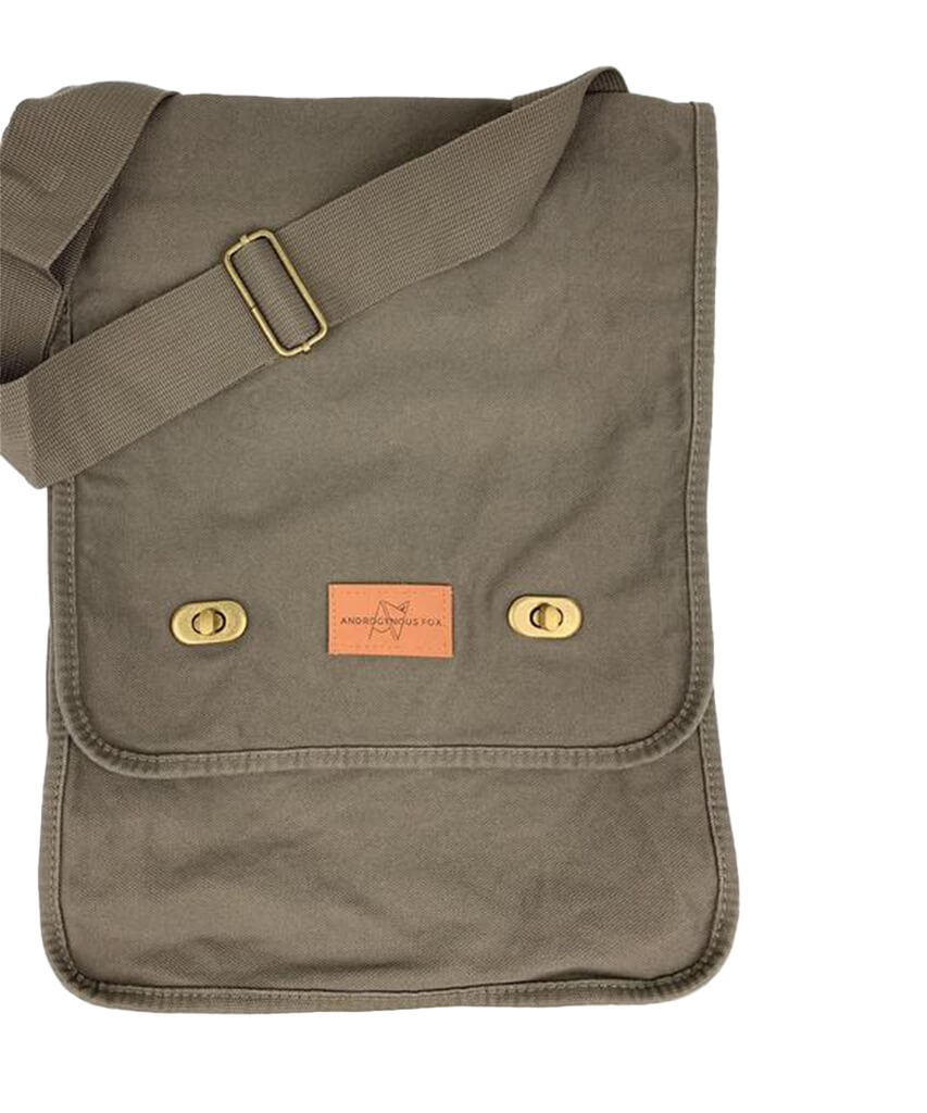 Green Khaki Skulk Satchel with adjustable strap, metal clasps, and quick access inside pocket by Androgynous Fox