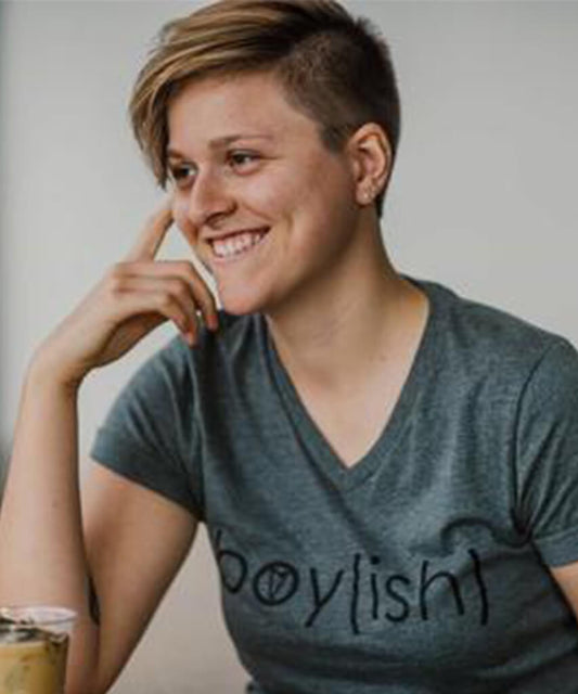 Model wearing grey v-neck boyish t-shirt by Androgynous Fox