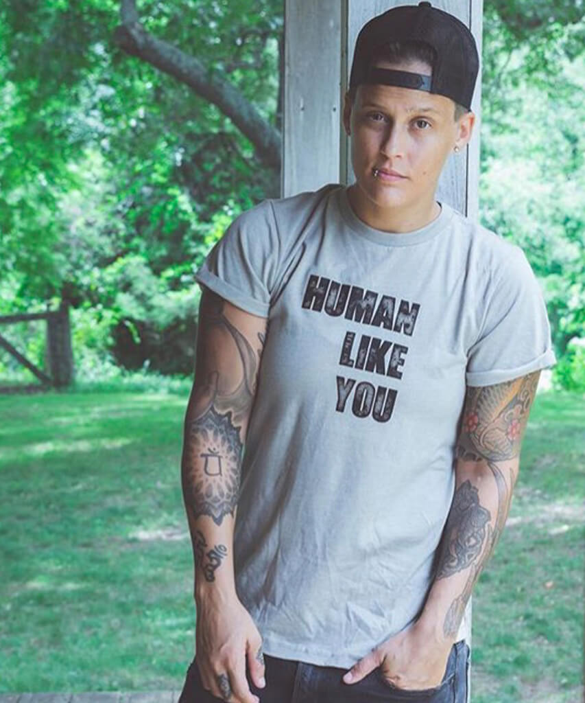 Model wearing Human Like You t-shirt by Androgynous Fox