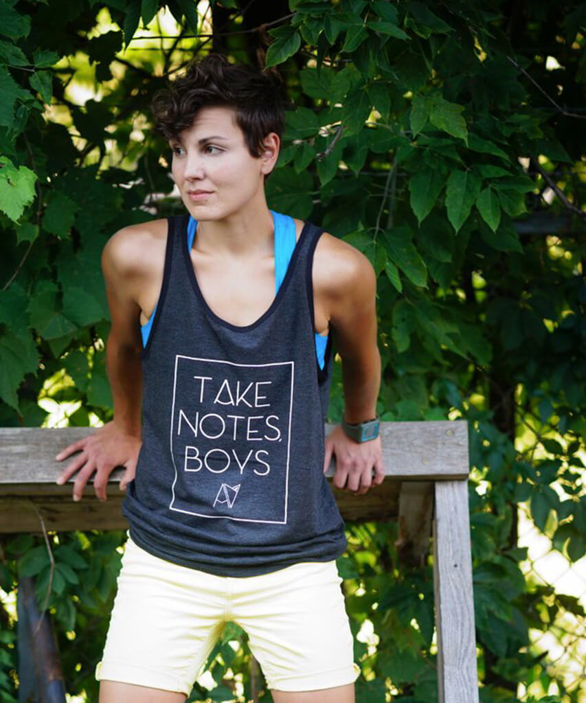 Take Notes Boys tank top in Charcoal Heather on model — gender neutral queer graphic tank