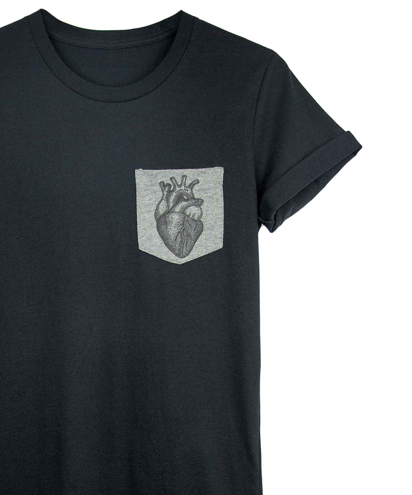 Androgynous Fox black pocket tee with grey pocket featuring an anatomical heart print.