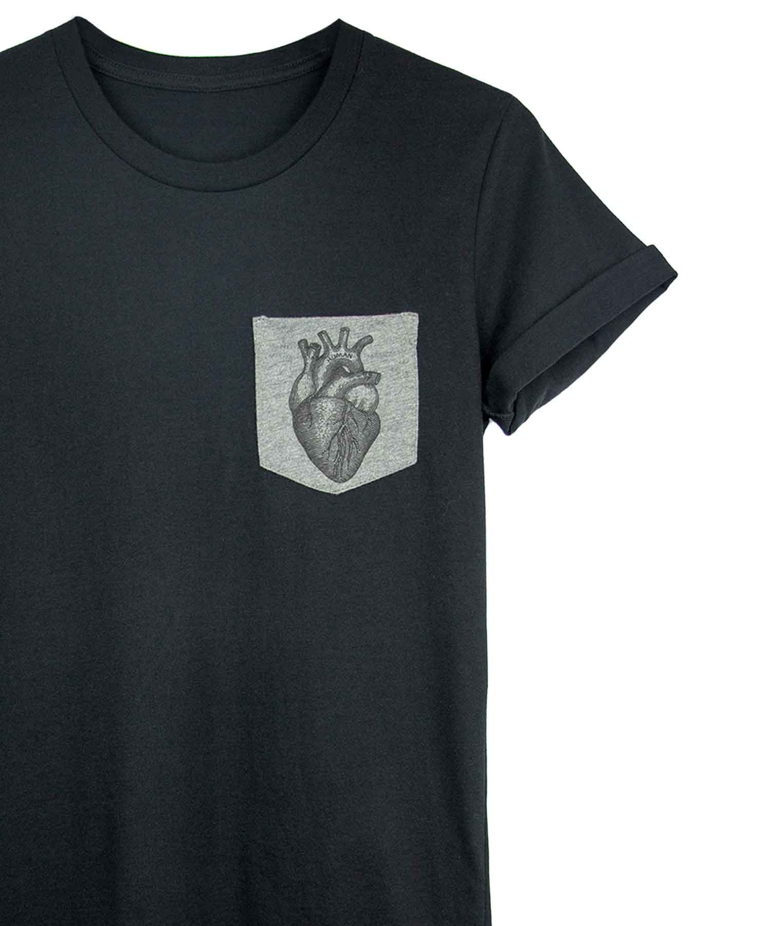 Androgynous Fox black pocket tee with grey pocket featuring an anatomical heart print.