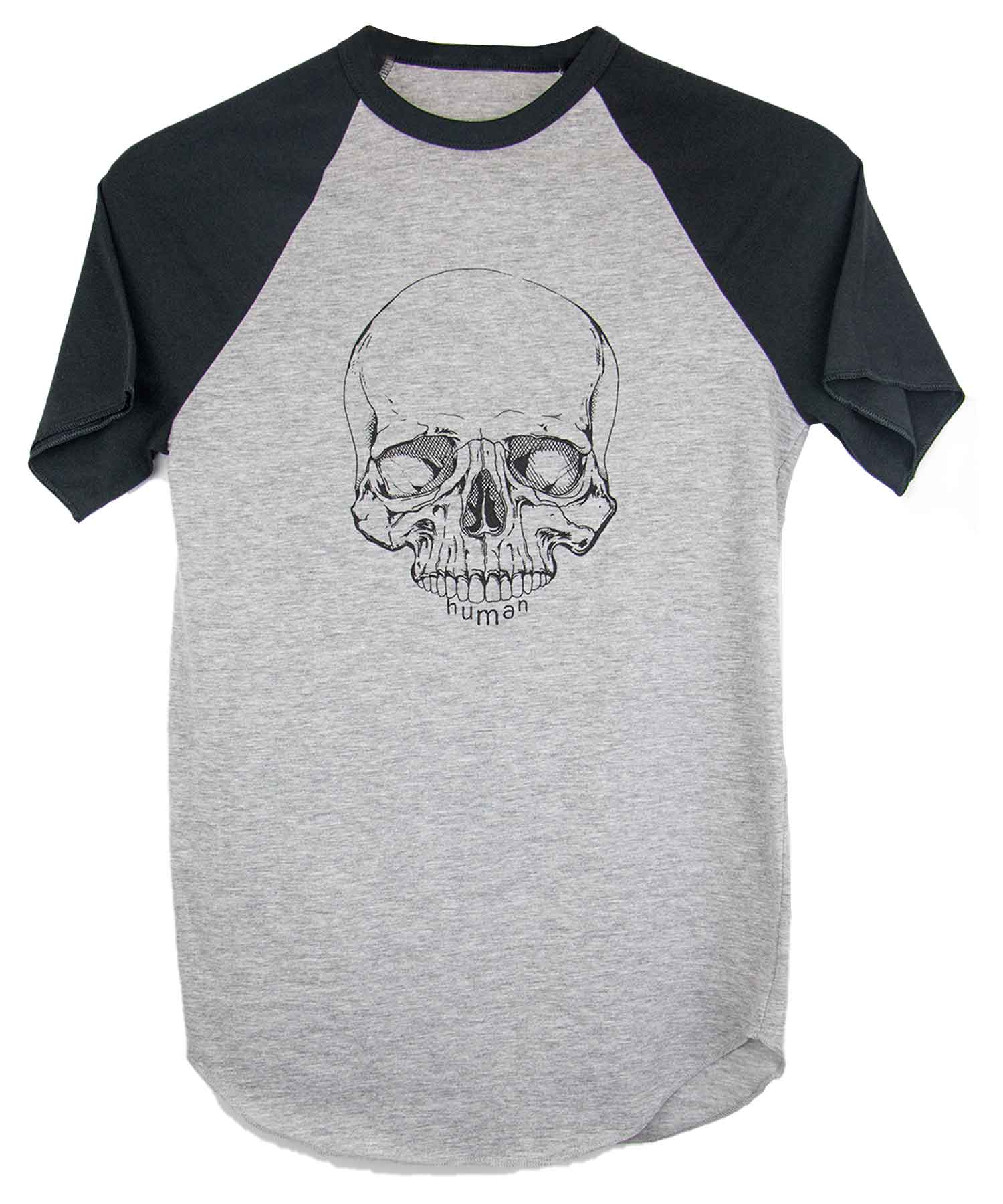 Human Like You fig. 3 baseball tee in Grey/Black on model — androgynous gender neutral queer clothing